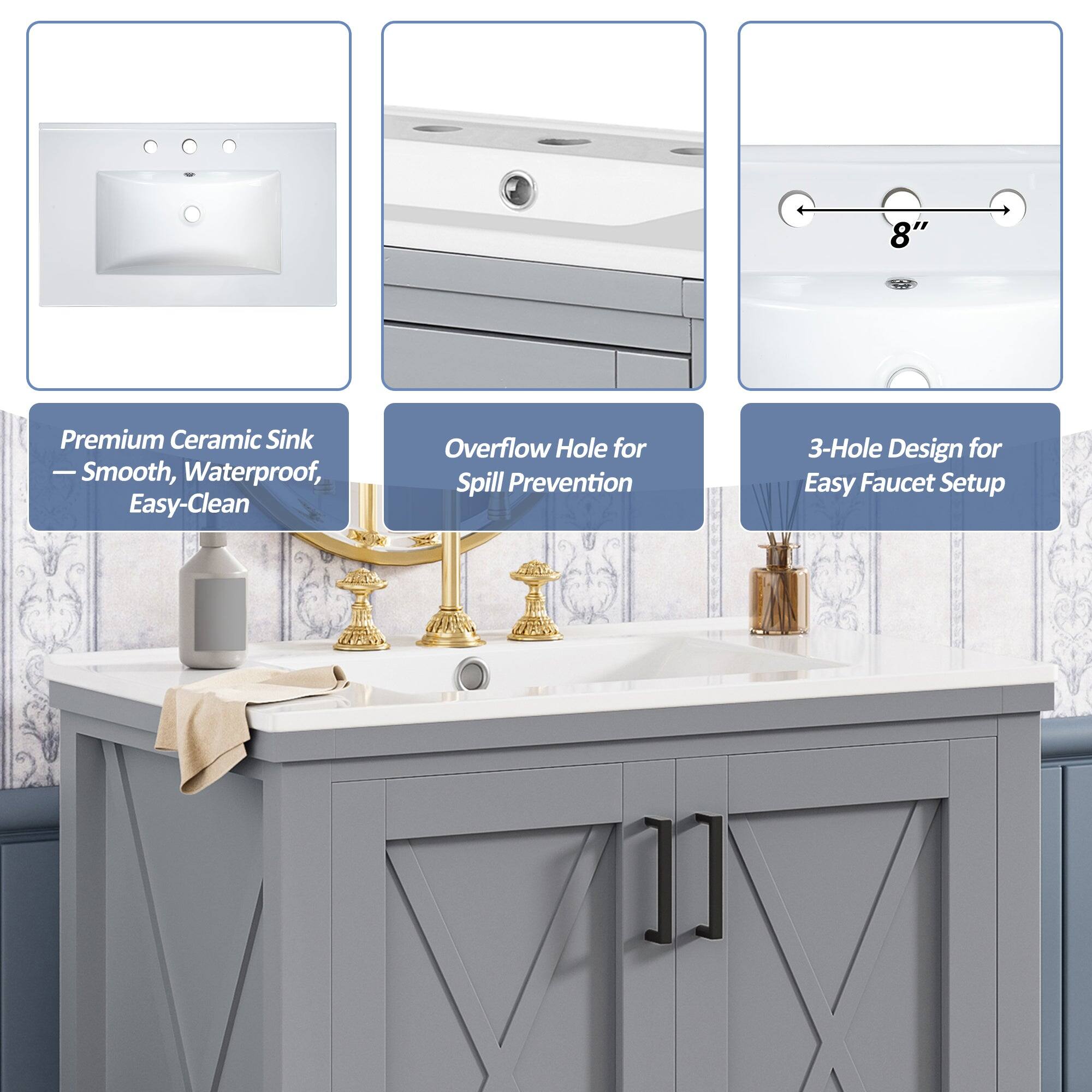 8" Premium Ceramic Sink  
- Smooth, Waterproof, Easy-Clean  
- Overflow Hole for Spill Prevention  
- 3-Hole Design for Easy Faucet Setup