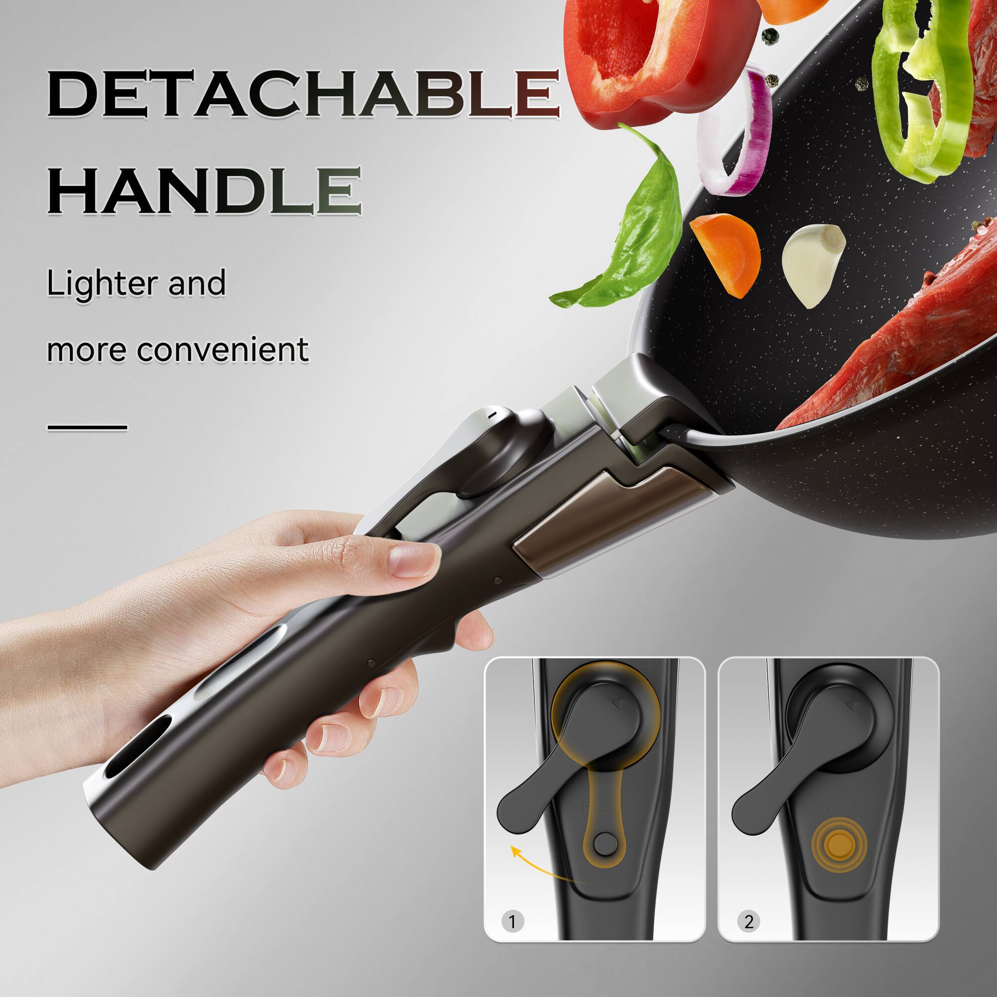 The text in the image can be grouped and corrected as follows:

**DETACHABLE HANDLE**
Lighter and more convenient

---

**Steps:**
1. 
2.