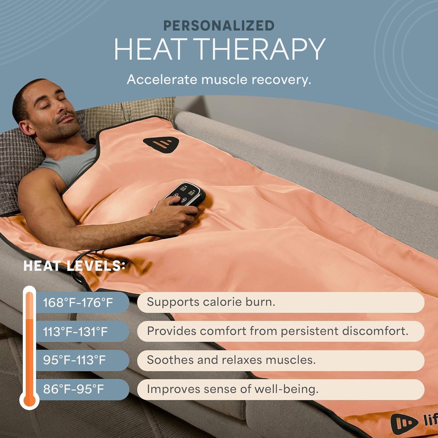 PERSONALIZED HEAT THERAPY  
Accelerate muscle recovery.

HEAT LEVELS:  
168°F-176°F - Supports calorie burn.  
113°F-131°F - Provides comfort from persistent discomfort.  
95°F-113°F - Soothes and relaxes muscles.  
86°F-95°F - Improves sense of well-being.