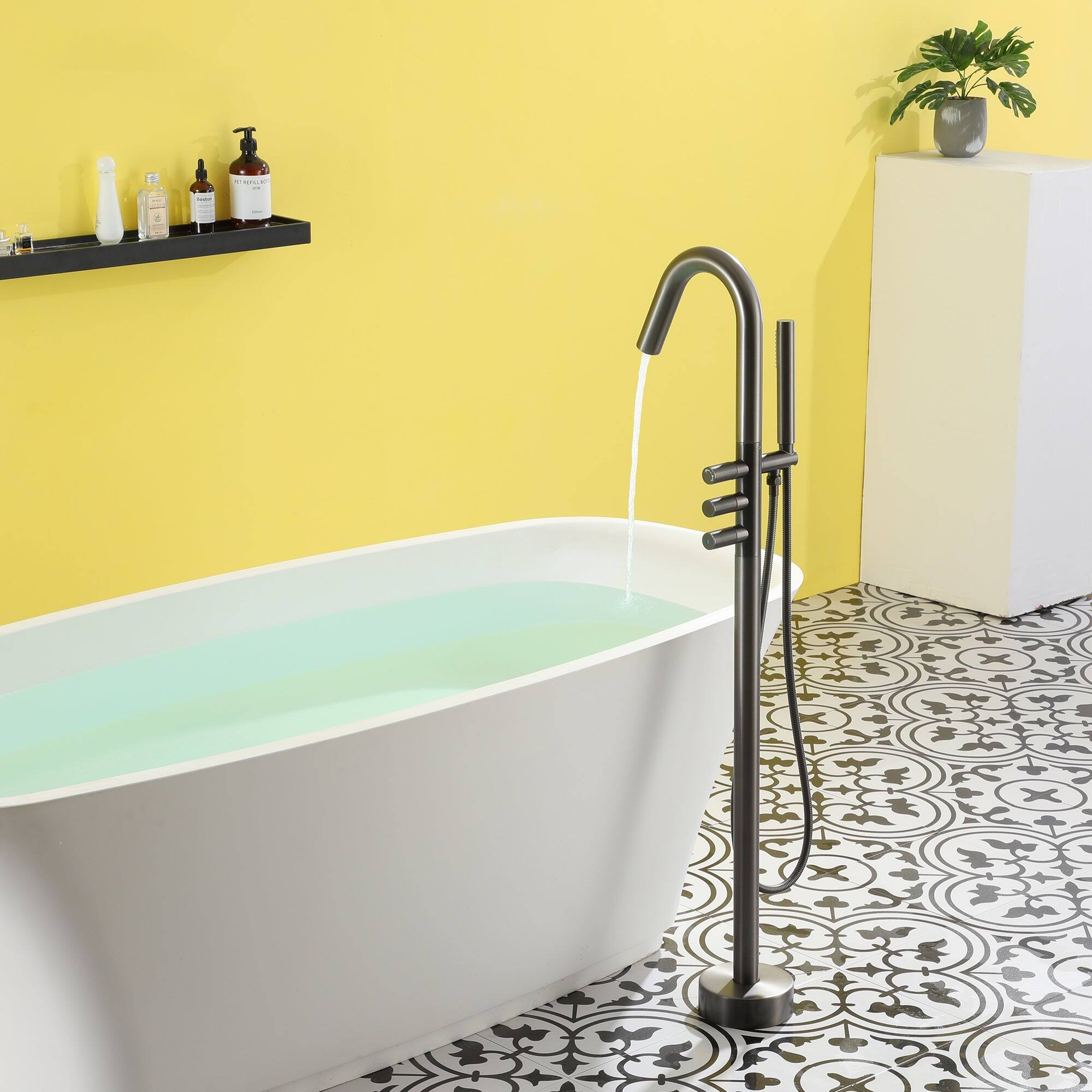 Alt View 4. Boyel Living - Freestanding Floor Mount Single Handle Bath Tub Filler Faucet with Water Supply Lines in Gunmetal Gray - Gunmetal Gray.