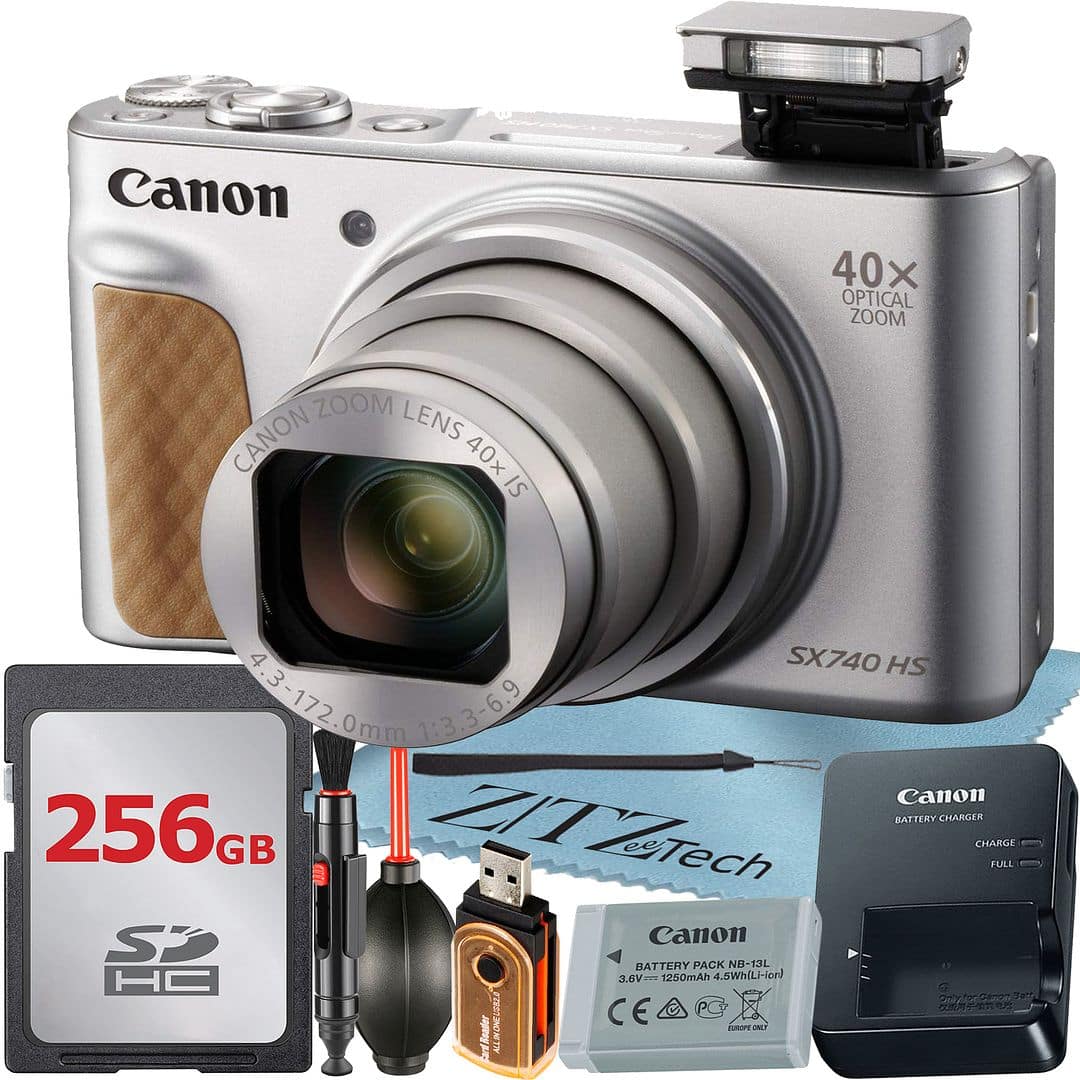 Canon - PowerShot SX740 HS Digital Camera with 256GB Card + ZeeTech Starter Bundle (International Version) - Silver