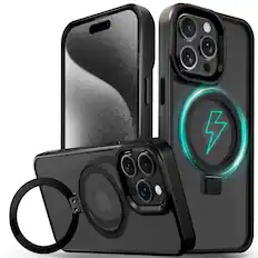 Front. Vena - For Apple iPhone 15 Pro Max Case Magsafe, Magnetic Ring Kickstand, Shockproof Crystal Clear Back Slim, Clear Black - Black.