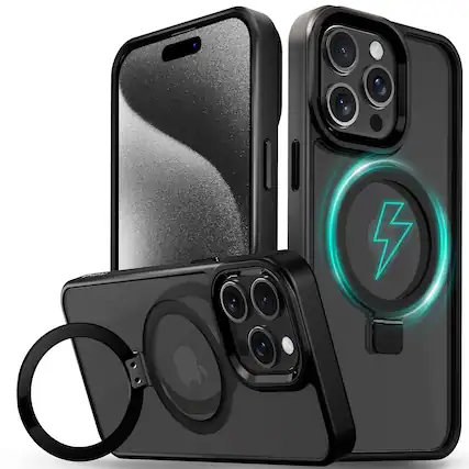 Front. Vena - For Apple iPhone 15 Pro Max Case Magsafe, Magnetic Ring Kickstand, Shockproof Crystal Clear Back Slim, Clear Black - Black.