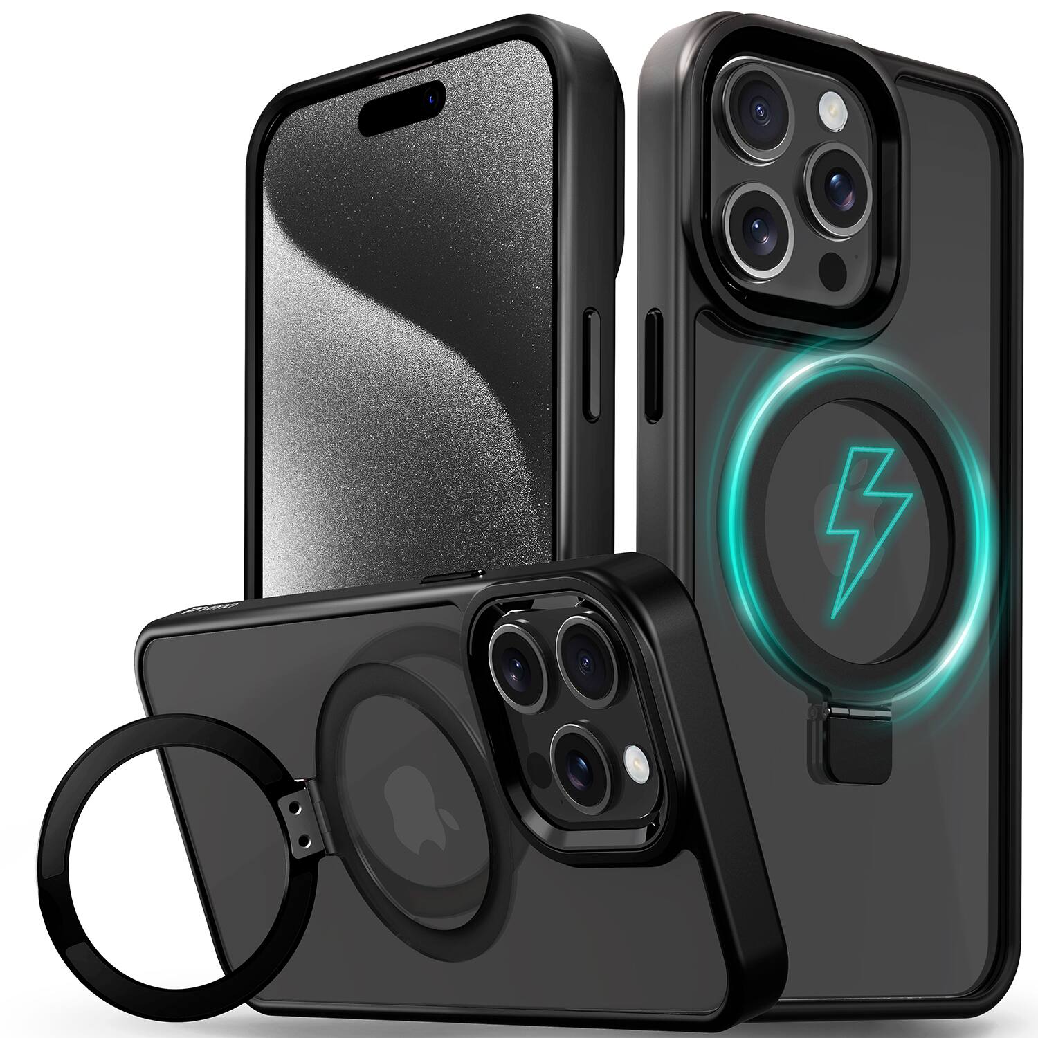 Vena - For Apple iPhone 15 Pro Max Case Magsafe, Magnetic Ring Kickstand, Shockproof Crystal Clear Back Slim, Clear - Black