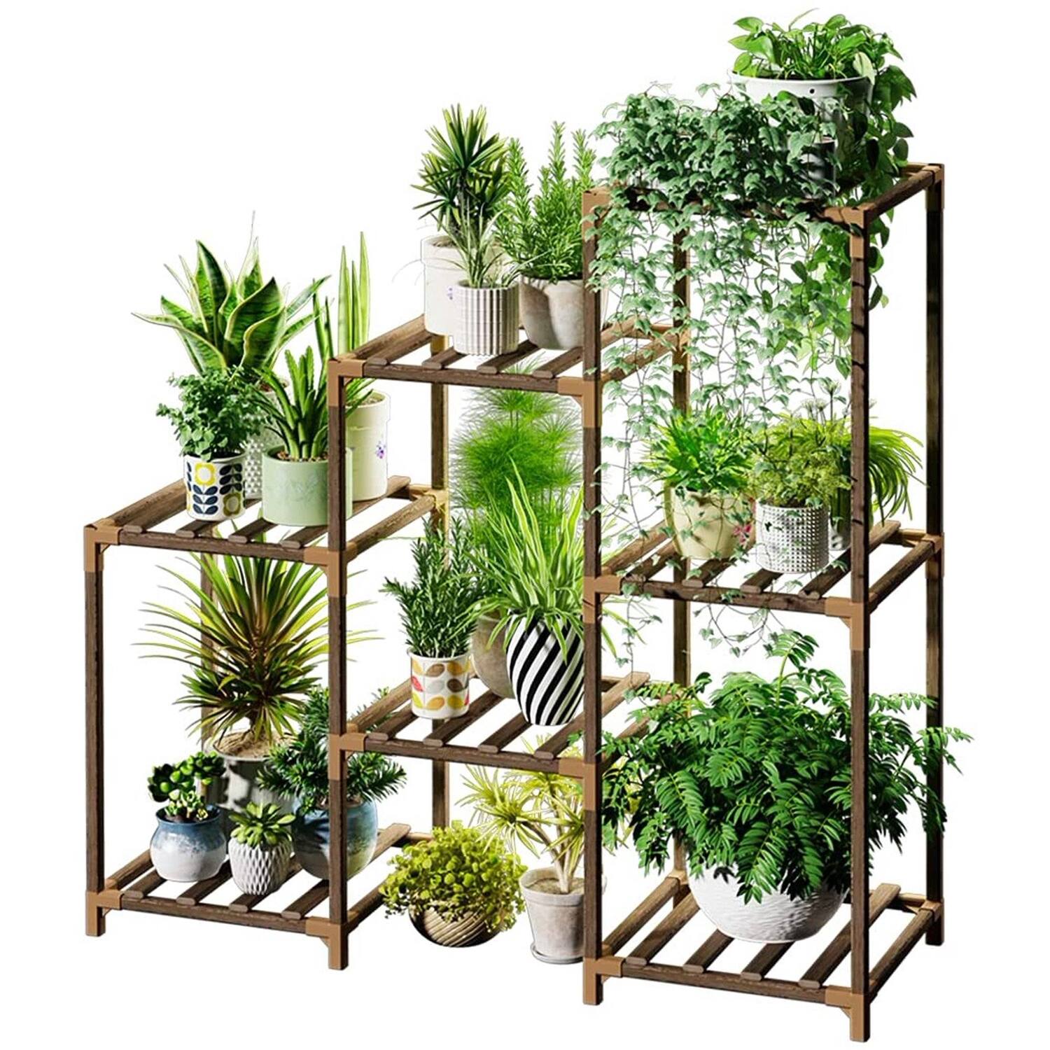 Front. SlickBlue - Wooden 3-Tier Plant Stand for Indoor and Outdoor Use - Brown.
