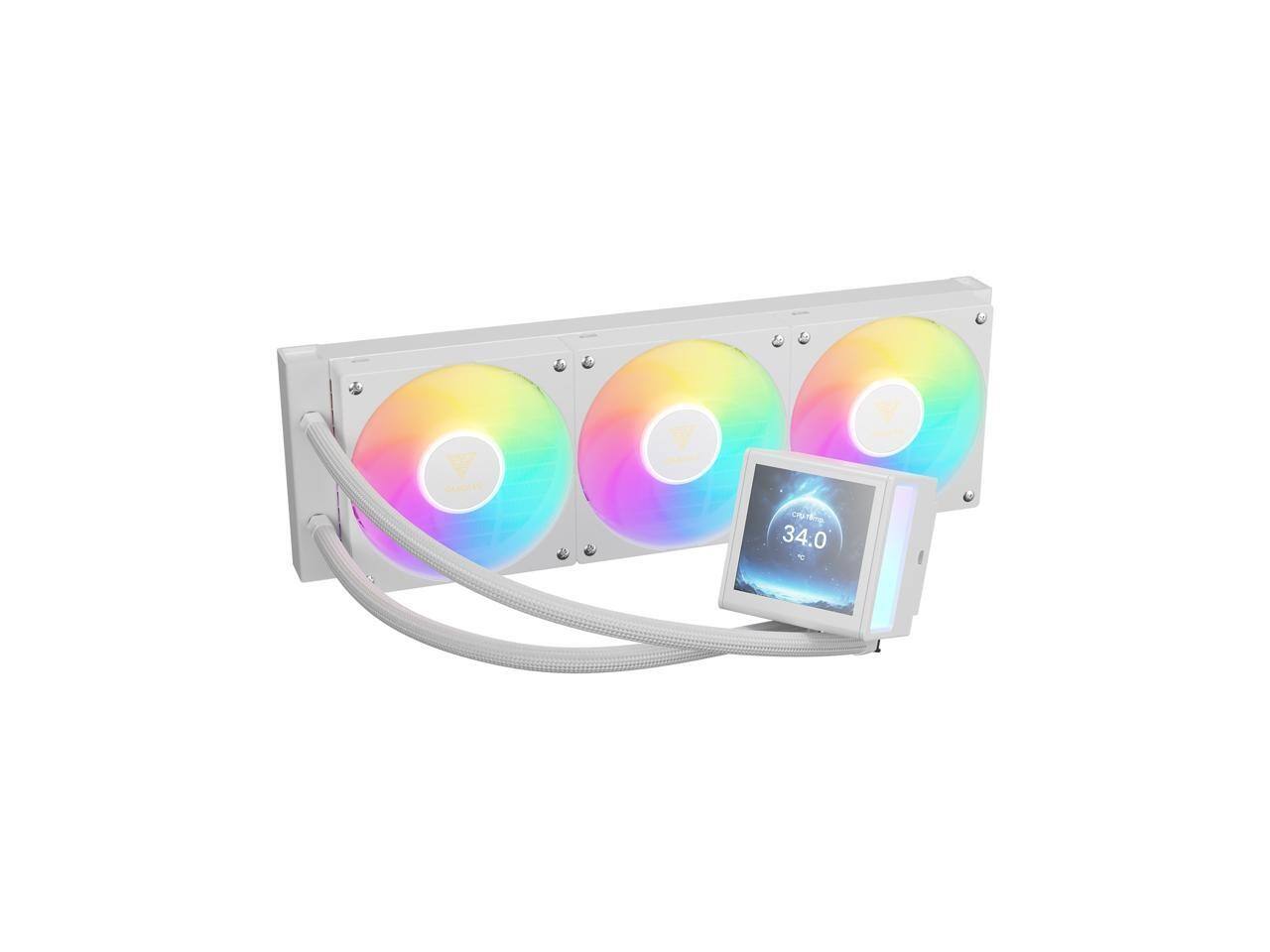 Back. GAMDIAS - GAMDIAS CHIONE P5-360 AIO CPU Cooler, 360mm, 3.4" LCD, Rotatable Pump, PWM/ARGB Sync, LGA 1851/AM5, White - White.