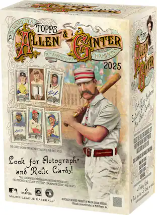 **Front:**
- **Topps & Allen & Ginter**
- **20th Anniversary**
- **World's Champions 2025**
- **Bklyn, NY**
- **The Cards Shown May Not Necessarily Be The Ones Inside.**
- **Look for Autograph* and Relic Cards!**
- ***May Contain Redemption Cards with Expiration Dates. (No Purchase Necessary. Visit Topps.com/NPN for Details and Entry.)**
- **Major League Baseball**
- **Officially Licensed Product of MLB Players, Inc.**
**Back:**
- **Exclusive Base Mini**
- **Look for Gold Cards!**
- **Collect the Full 530 Card Base Set!**
- **Collect All New Cards for 2025!**
- **48 Trading Cards per pack.**
- **6 Packs per box.**
- **100% Trading Cards per pack.**
- **100% Trading Cards per box.**
- **Officially Licensed Product of MLB Players, Inc.**
