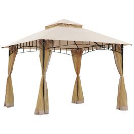 Outsunny - 10' x 10' Outdoor Patio Gazebo Canopy Tent with Mesh Sidewalls, 2-Tier Canopy for Backyard - Beige