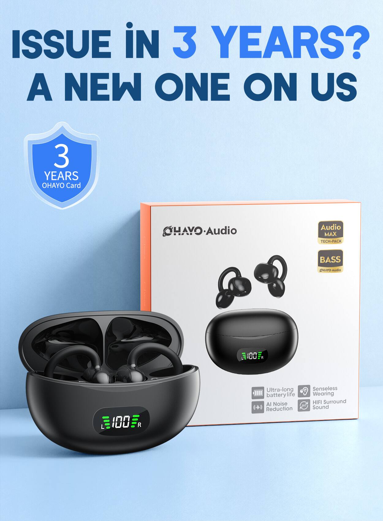 ISSUE IN 3 YEARS? A NEW ONE ON US

3 YEARS OHAYO Card

OHAYO-Audio
Audio MAX TECH-PACK
BASS
OHAYO Audio

00 IUU
R
L 100 R

Ultra-long battery life
AI Noise Reduction
Senseless Wearing
HIFI Surround Sound