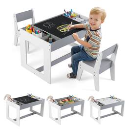 Costway - Multifunctional Kids Table & 2 Chairs Set with Removable Double-sized Tabletop - Gray + White