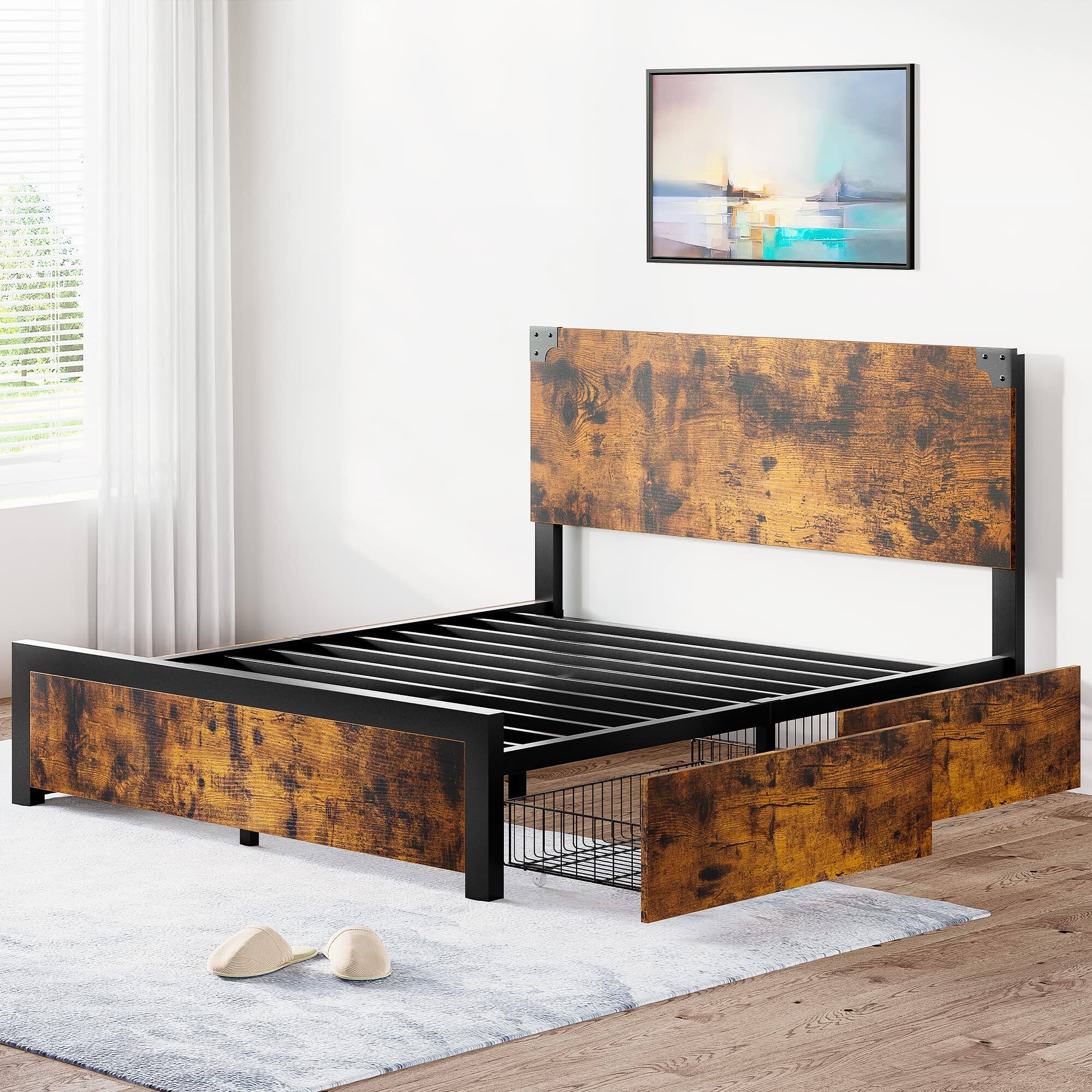 Alt View 3. Homhougo - Queen Bed Frame, Platform Full Size Bed Frame with Wood Headboard, Metal Full Bed Frame Brown - Brown.