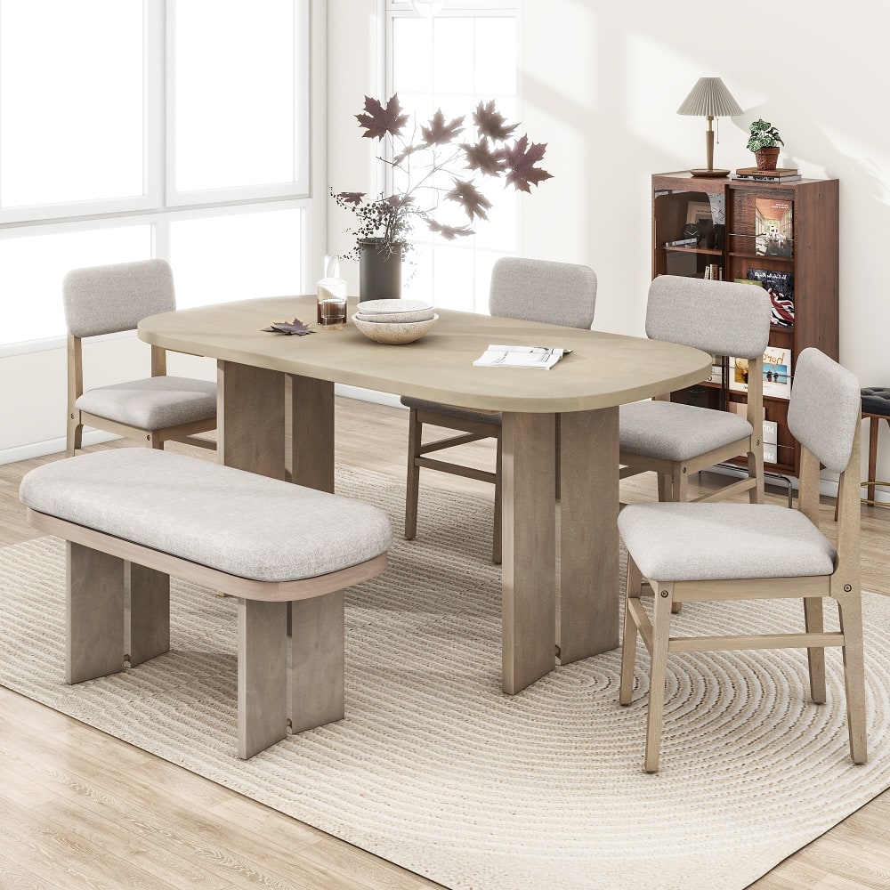 Loheer - 6-Piece Solid Wood Dining Set with Bench, Farmhouse Rectangular Kitchen Table Set - Natural price history on PriceWatchPro