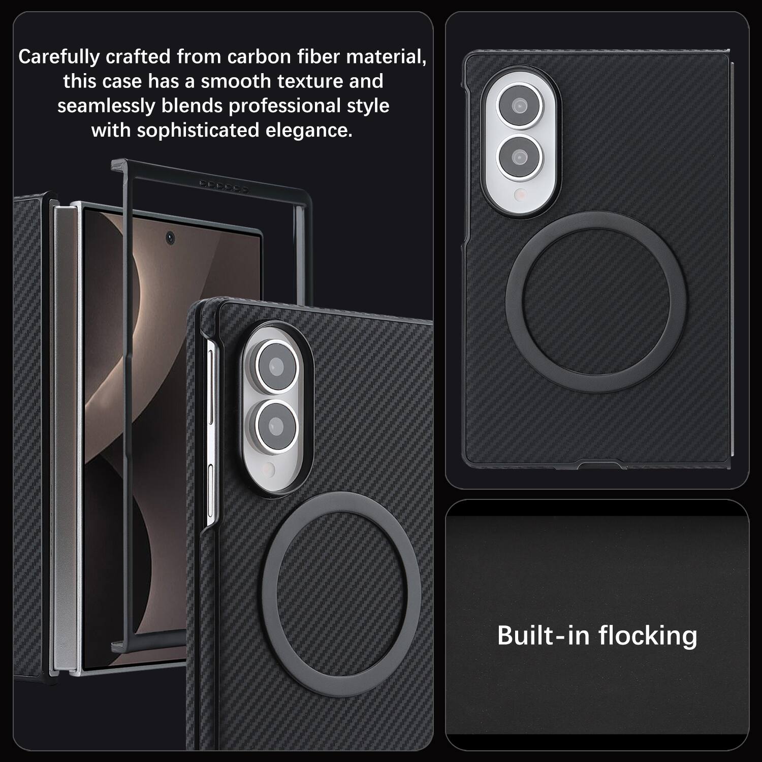 Carefully crafted from carbon fiber material, this case has a smooth texture and seamlessly blends professional style with sophisticated elegance. Built-in flocking