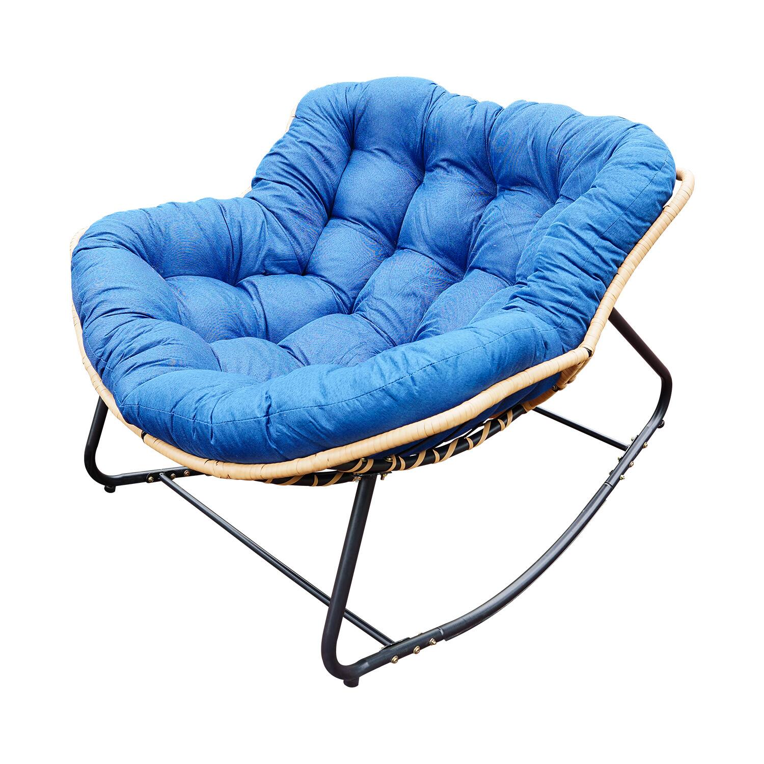 COWLOWN- Larger Rattan Patio Egg Rocking Chair for Indoor Outdoor Lounge- Blue
