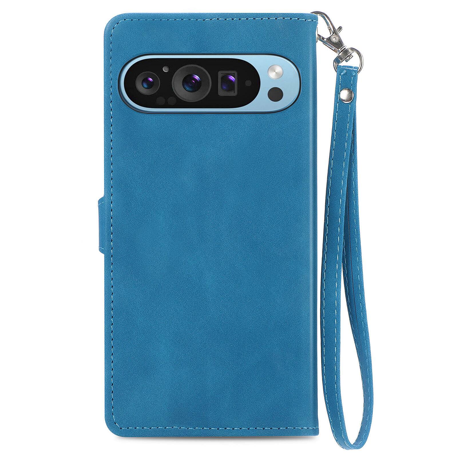 Angle. Dteck - for Google Pixel 10 Pro XL/9 Pro XL Wallet Case,Shockproof PU Leather Card Holder Cover with Zipper Pocket & Wrist Strap - Blue.