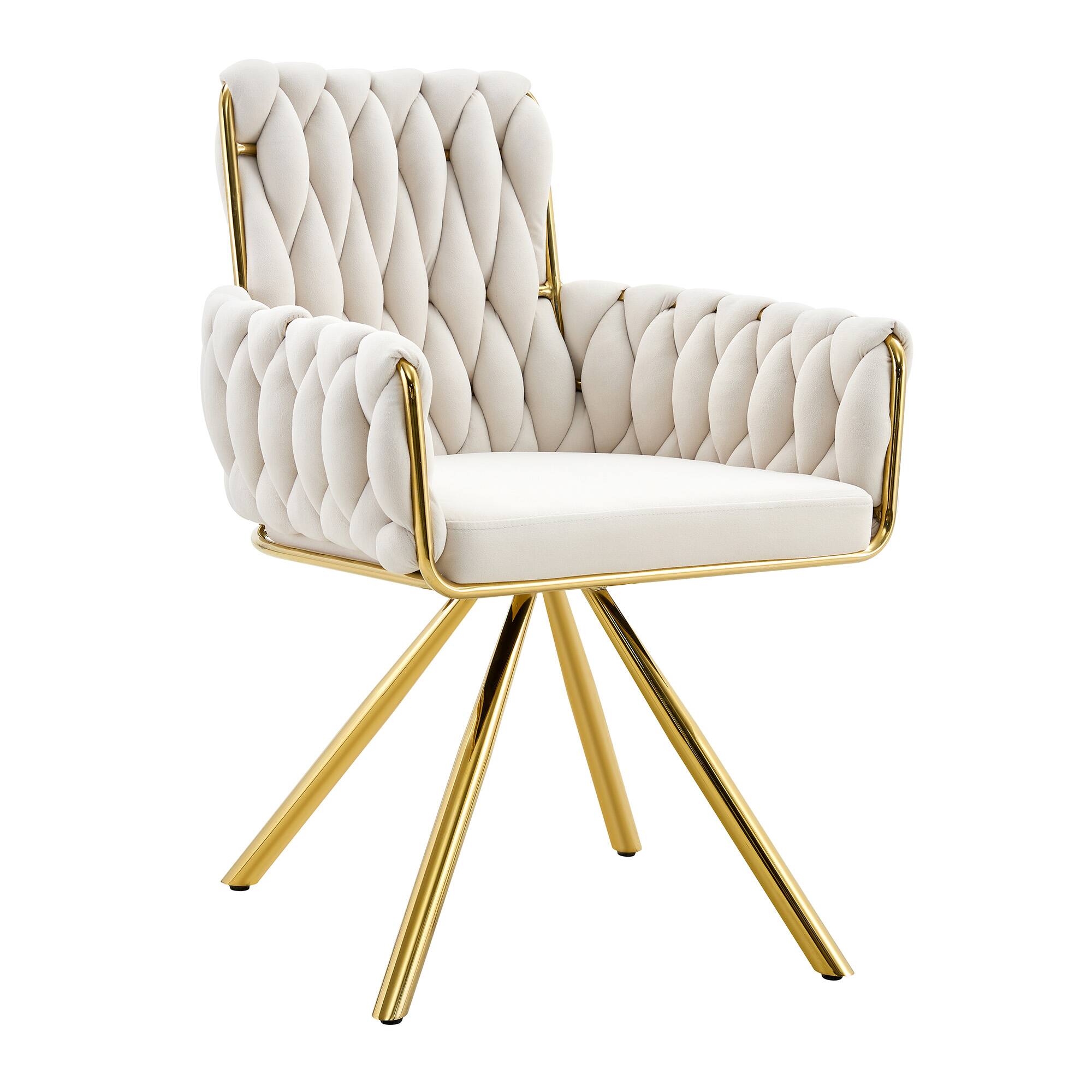 Alt View 7. Loheer - Loheer Velvet Dining Chairs Set of 2, Beige Braided Accent Chairs with Arms and Gold Metal Legs, 2.08 ft - Beige,Gold.