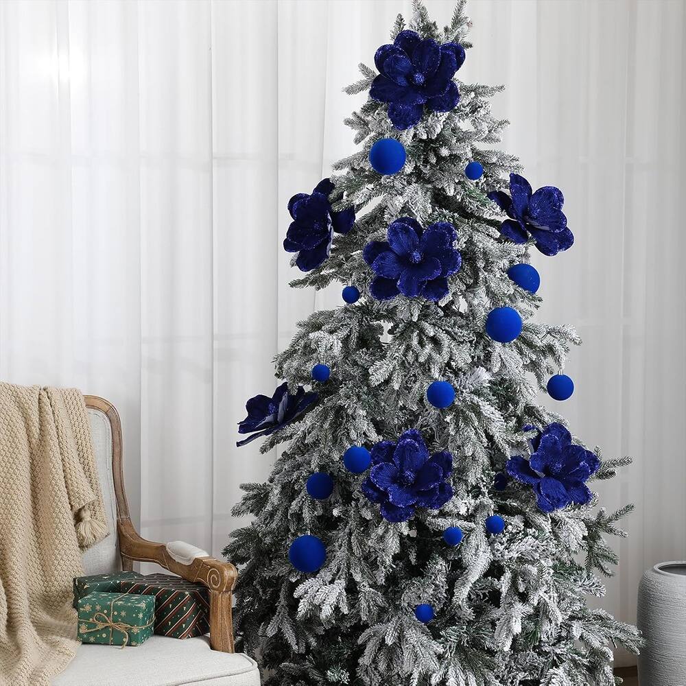 Back. PARKER SLATER - 24-Pc Royal Blue Velvet Christmas Ornament Set with Poinsettias and Balls - Blue.