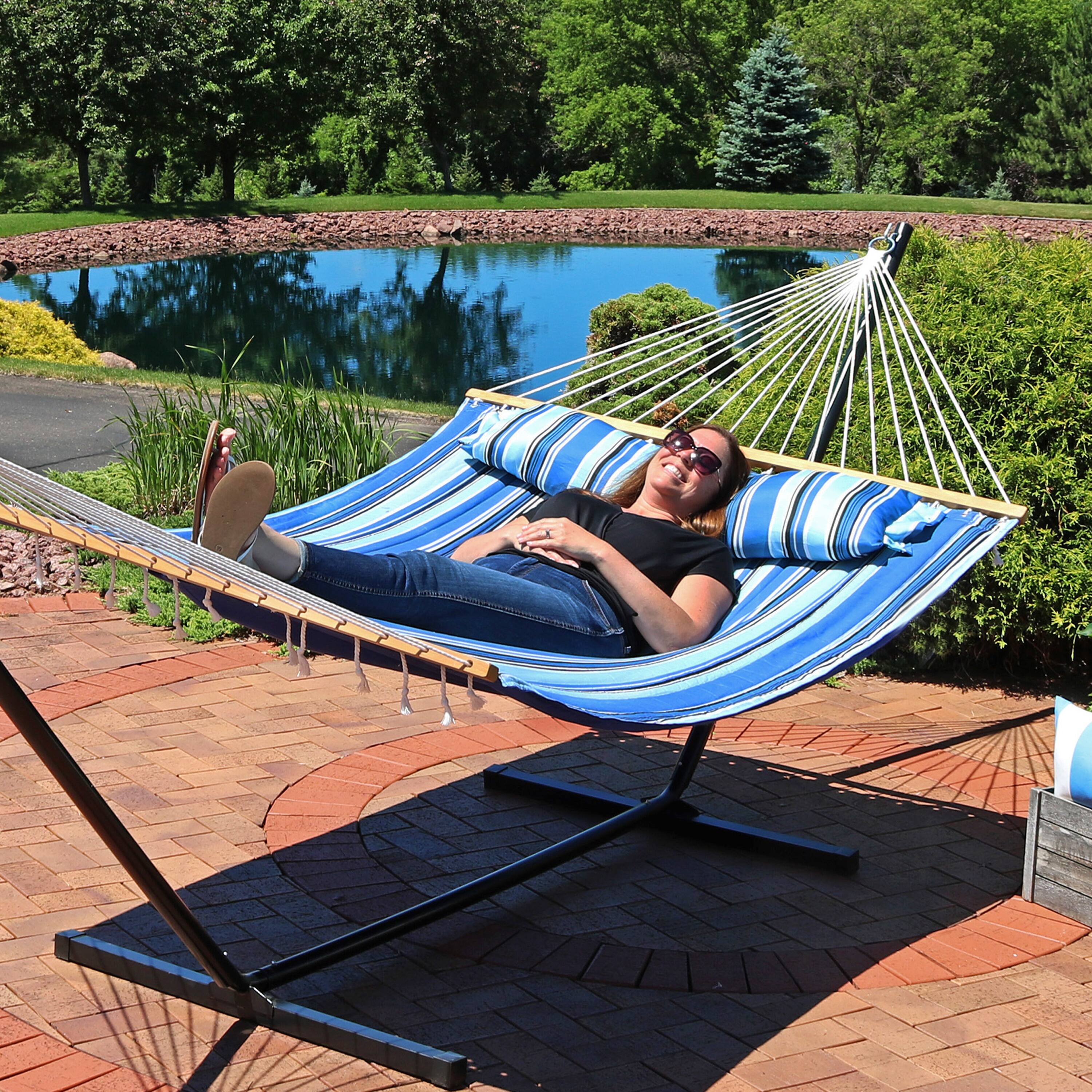 Alt View 7. Sunnydaze - Large Quilted Hammock with Spreader Bar and Pillow - Misty Beach.