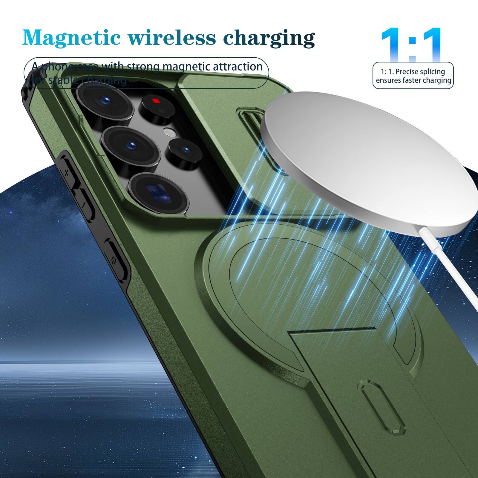 Magnetic wireless charging  
A phone case with strong magnetic attraction for stable charging  
1:1  
1:1. Precise splicing ensures faster charging