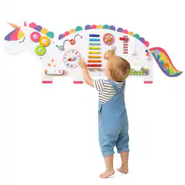 Costway - 11-in-1 Unicorn Activity Wall Busy Board Panels for Education Early Development - White