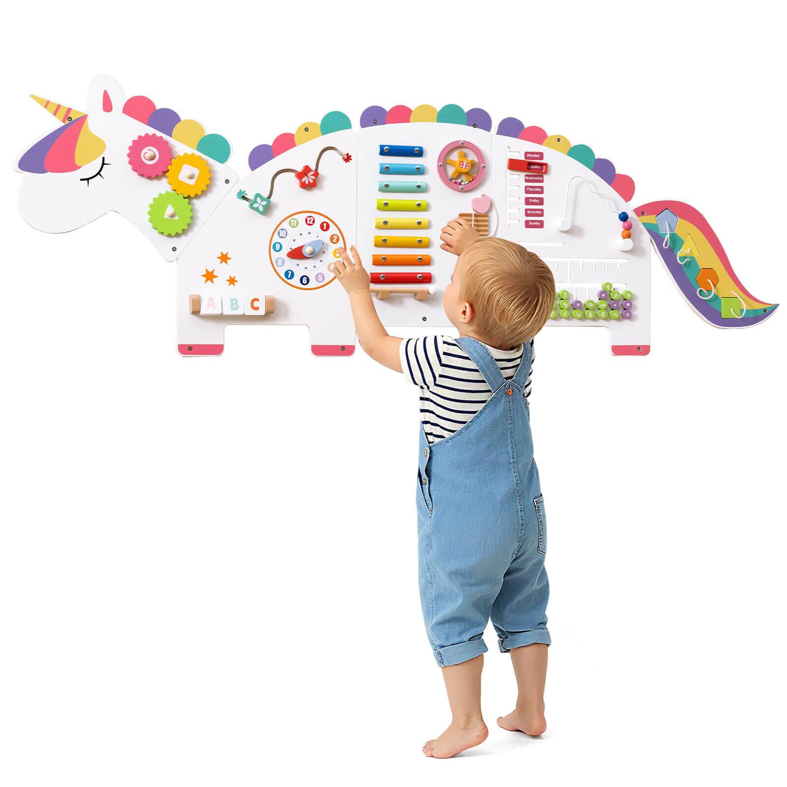 Front. Costway - Costway 11-in-1 Unicorn Activity Wall Busy Board Panels for Education Early Development - White.