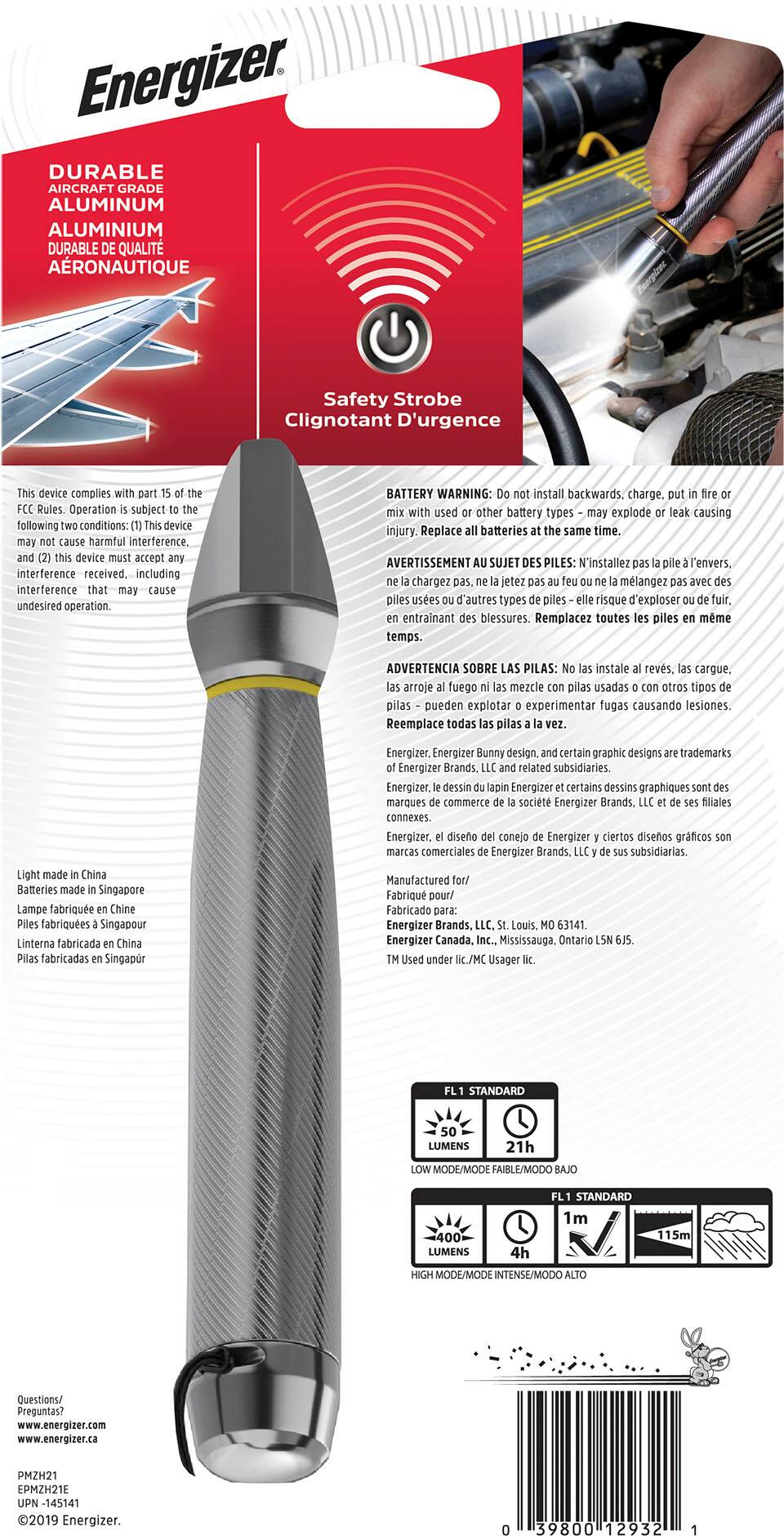 Energizer is a durable aircraft-grade aluminum device that complies with safety rules. It is designed to provide an emergency strobe light for use in various situations. The device must not cause harmful interference or accept interference from other devices. It is essential to replace the batteries at the same time as the device is designed to work with Energizer batteries. The Energizer Bunny design and certain graphic designs are trademarks of Energizer Brands and its related subsidiaries. The device is not to be installed backwards, charged, or mixed with used batteries of other types, as this may cause the device to explode or leak, leading to potential injuries.
