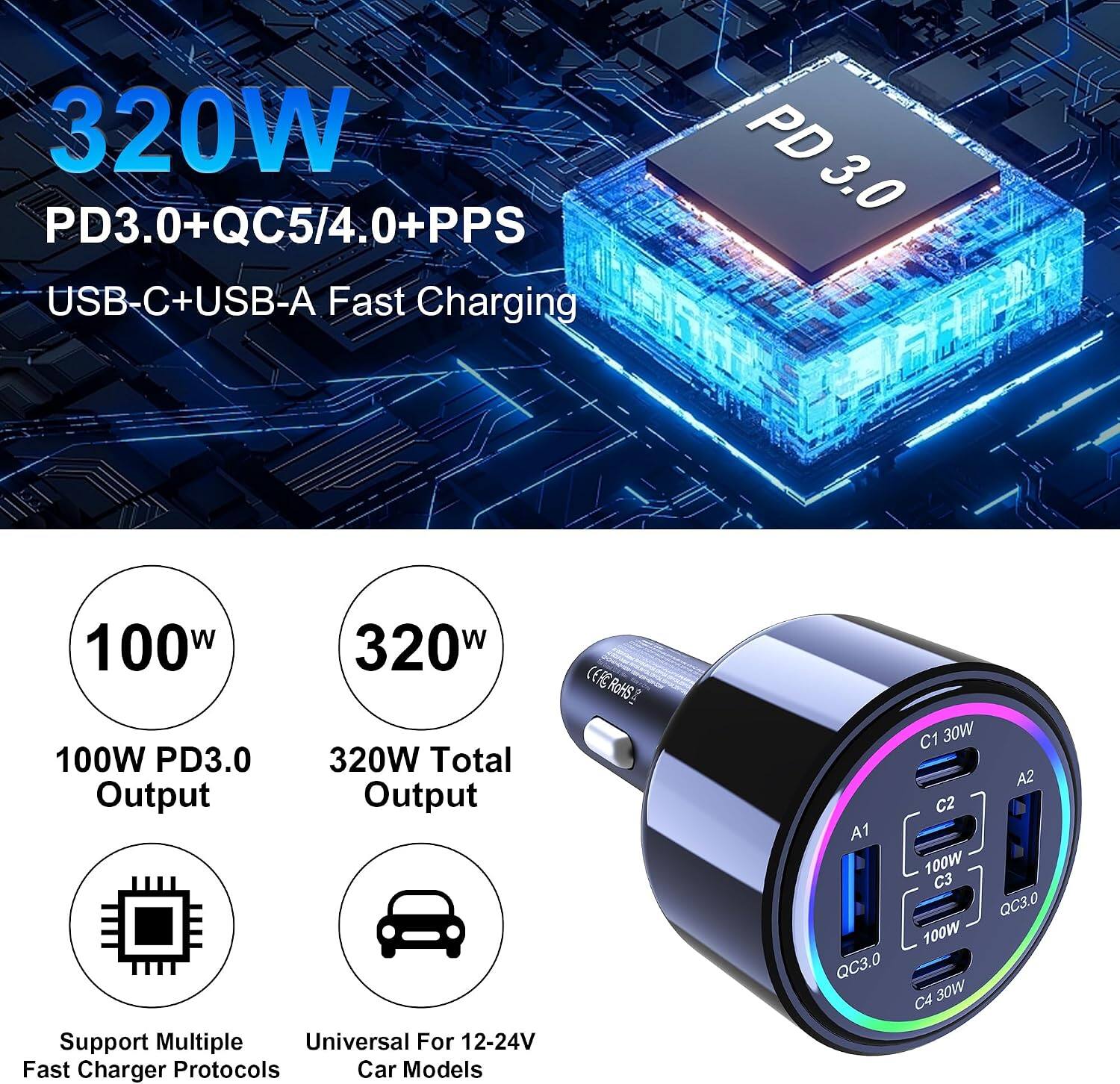320W PD3.0+QC5/4.0+PPS USB-C+USB-A Fast Charging

PD 3.0 AE

100W PD3.0

320W Total Output

Support Multiple Universal For 12-24V Fast Charger Protocols

Car Models

CERCROHS

A1 QC3.0

C1

A2

C2

100W

C3

Q3.0

100W

C4

30W