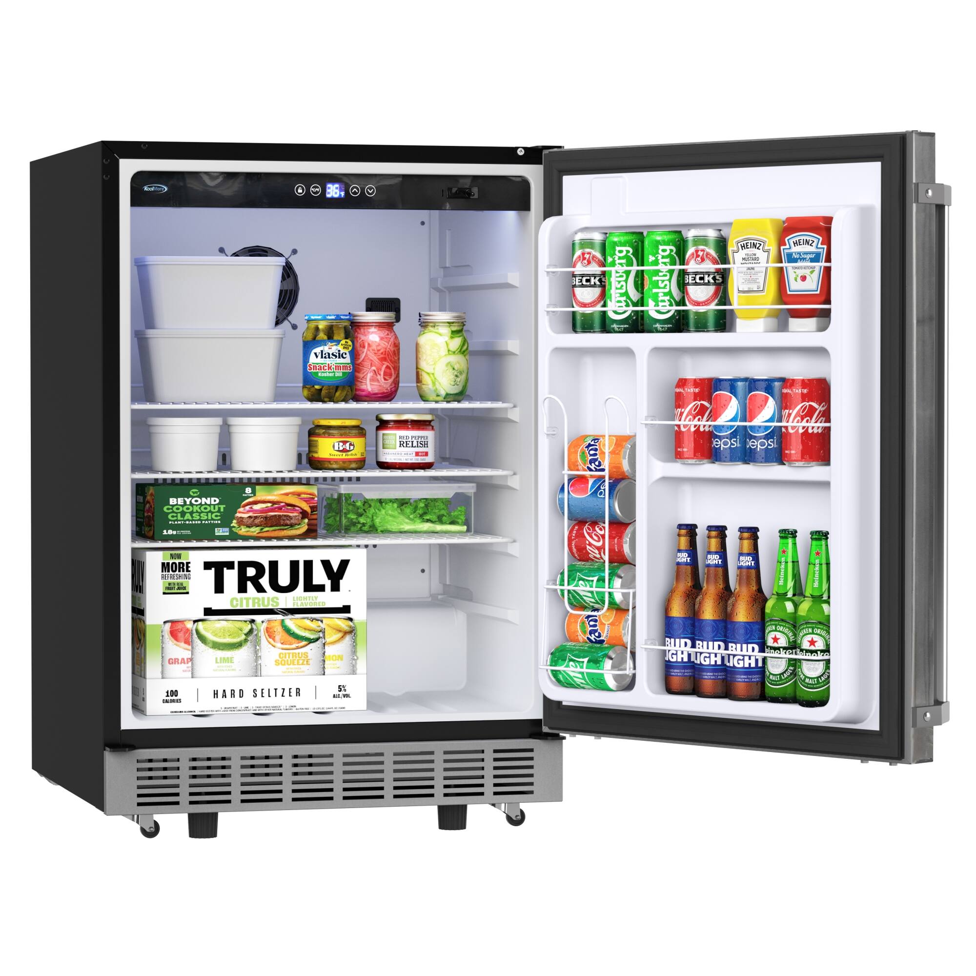 The image features a black refrigerator with its door open, revealing a variety of food and drinks inside. There are multiple bottles of beer, including Bud Light, and a few cans of soda. The refrigerator also contains a bowl and a cup. The scene is advertising a refrigerator with a "Truly" sign, suggesting that it is a reliable and efficient appliance.