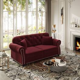 Anysun - 63" Velvet Chesterfield Sofa w/ Nailhead Trim, Rolled Armrests, Button Tufted, 2 Pillows, Mid-Century - Red