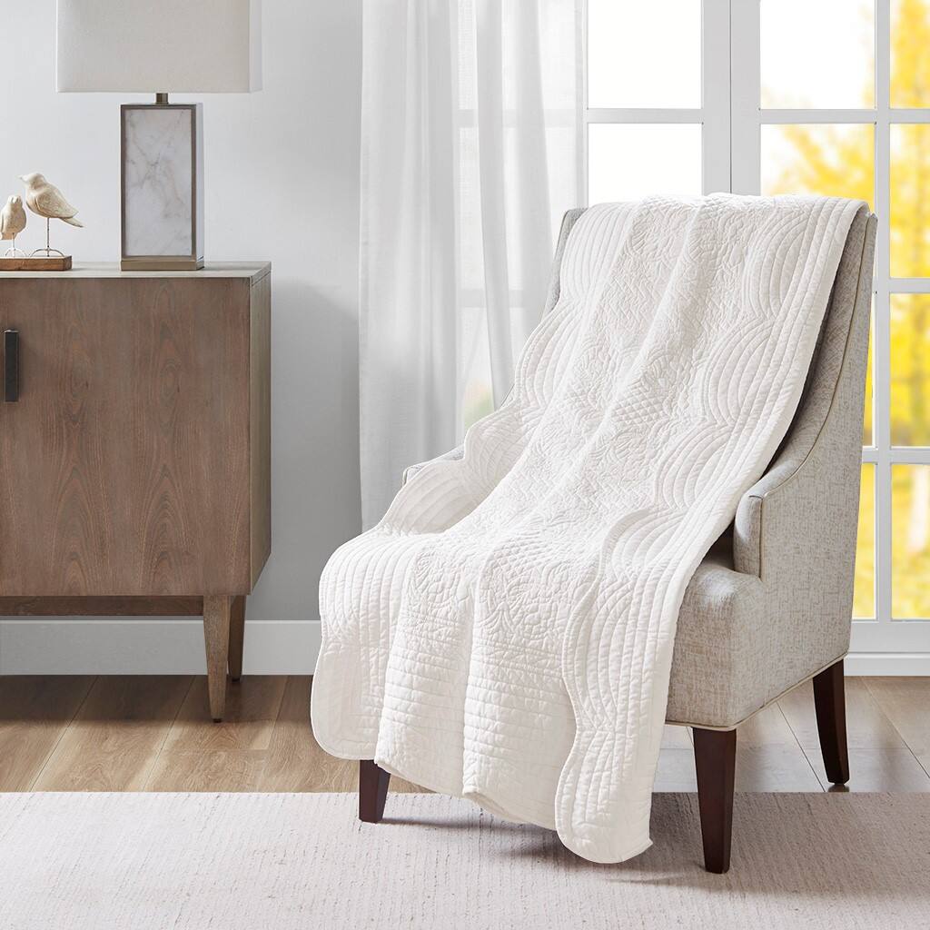 Alt View 1. Gracie Mills - Gracie Mills Salvatore Oversized Stitched Scalloped Edges Throw Blanket - White.