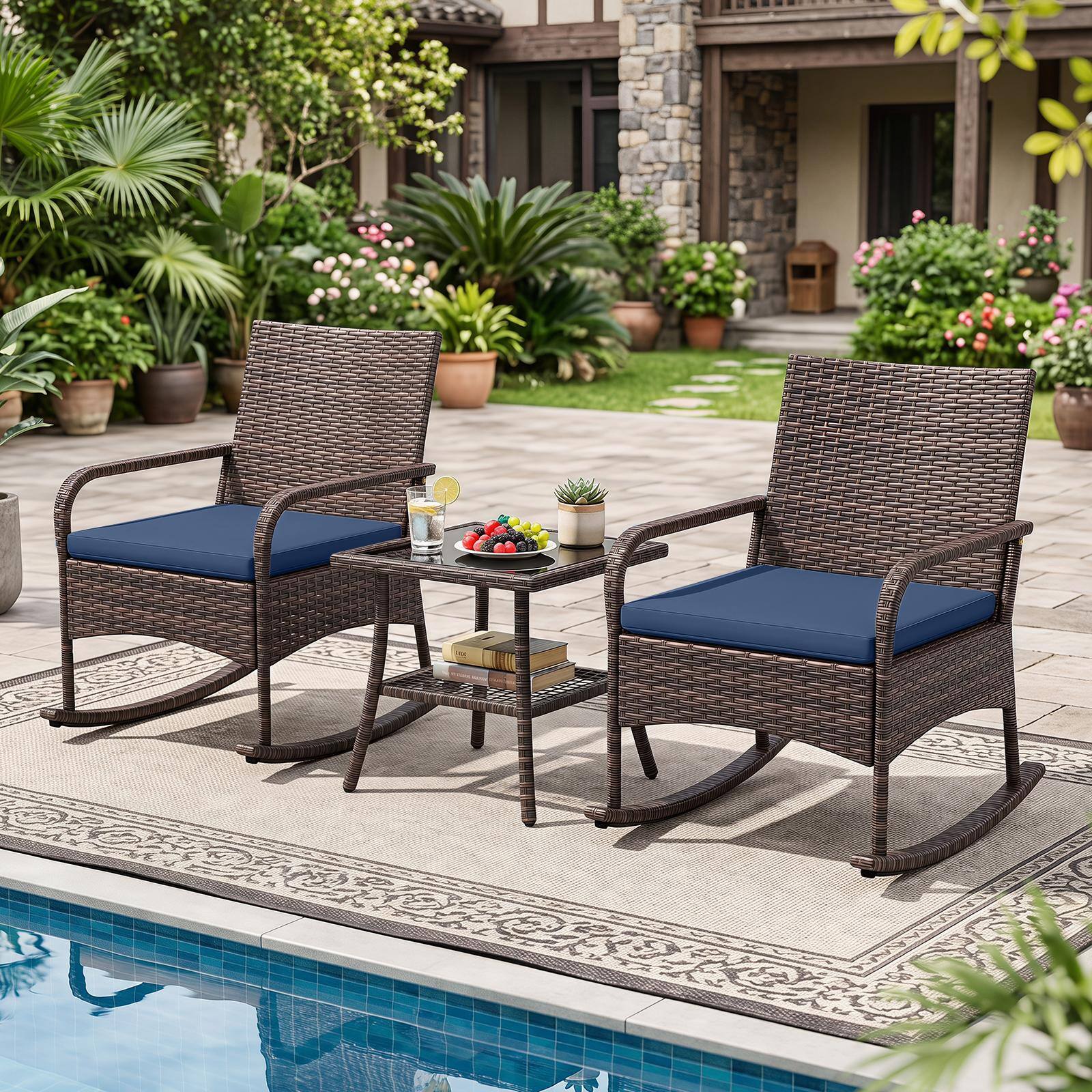Alt View 3. Costway - Costway 3PCS PE Wicker Rocking Bistro Set with 2-Tier Side Table, Cushions & Armchairs - Mix Brown+Navy Blue.
