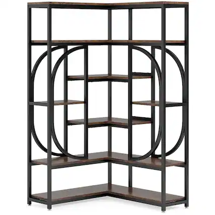 Front. Kadyn - Kadyn Bookshelf, Storage Shelf, Bookcase,7-Shelf Corner Bookshelf, L-Shaped Bookcase Display Rack,Rustic Brown - Rustic Brown.