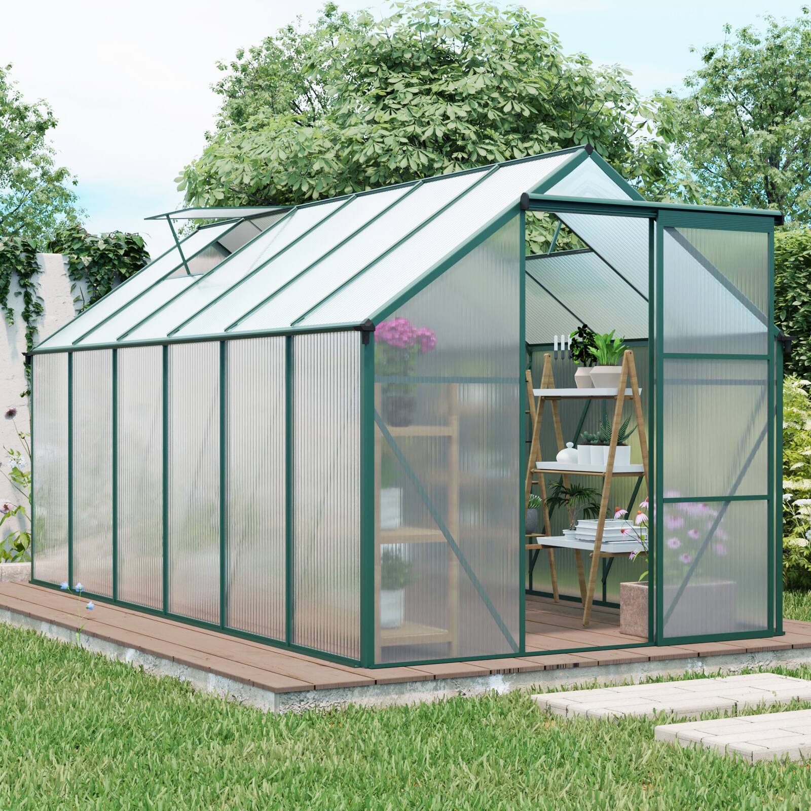 Angle. Mondawe - 6x12 FT Heavy-Duty Walk-In Greenhouse with Polycarbonate Panels and Raised Base - Green.