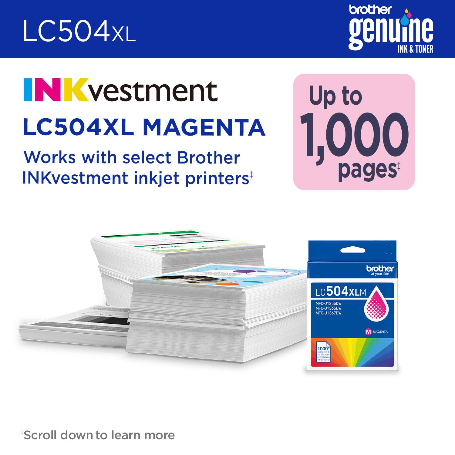 brother genuine INK & TONER INKvestment LC504XL MAGENTA Works with select Brother INKvestment inkjet printers* Up to 1,000 pages* brother . niyoic LC504XLM MiC-J135S0W MFC-J134S0W MFC-J13470W M MAENTA 1000 -  : : - . Scroll down to learn more