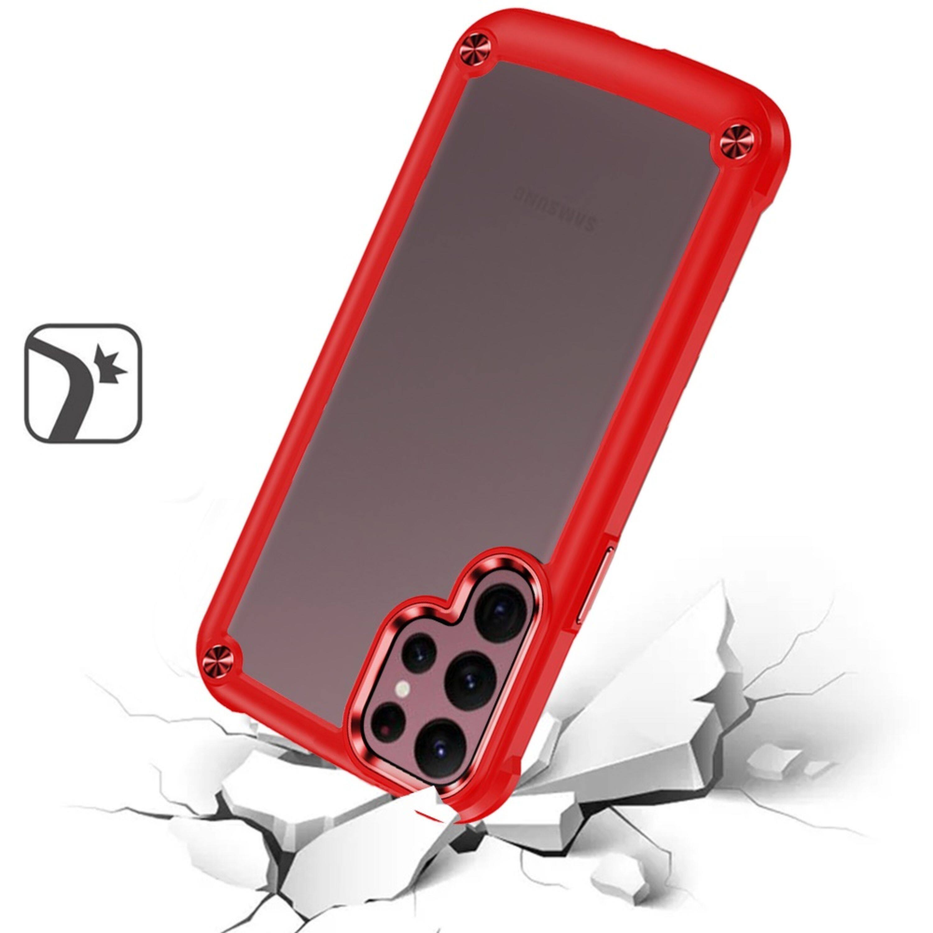 Angle. Kitcheniva - Rugged Hybrid Protective Case With Metal Buttons For Samsung S23 Ultra Red - Red.