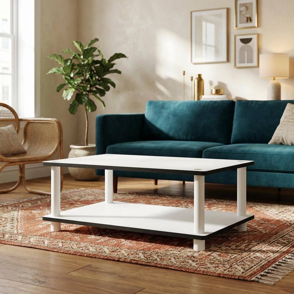 Left. FurniFact - Modern white coffee table with open shelf, 2-tier design and sleek style - Plain White/Plain White.
