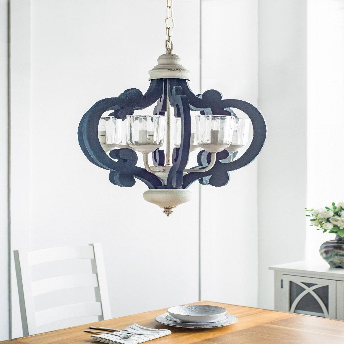 Alt View 1. Loheer - Loheer 6 Light Wood Chandelier Blue and White Farmhouse Pendant for Dining Room.