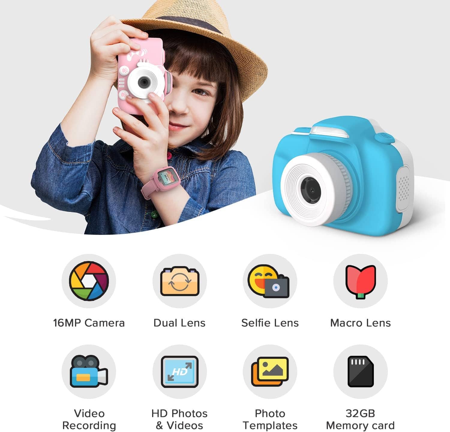 16MP Camera, Dual Lens, Selfie Lens, Macro Lens, HD Video Recording, HD Photos & Videos, Photo, 32GB Templates, Memory Card.