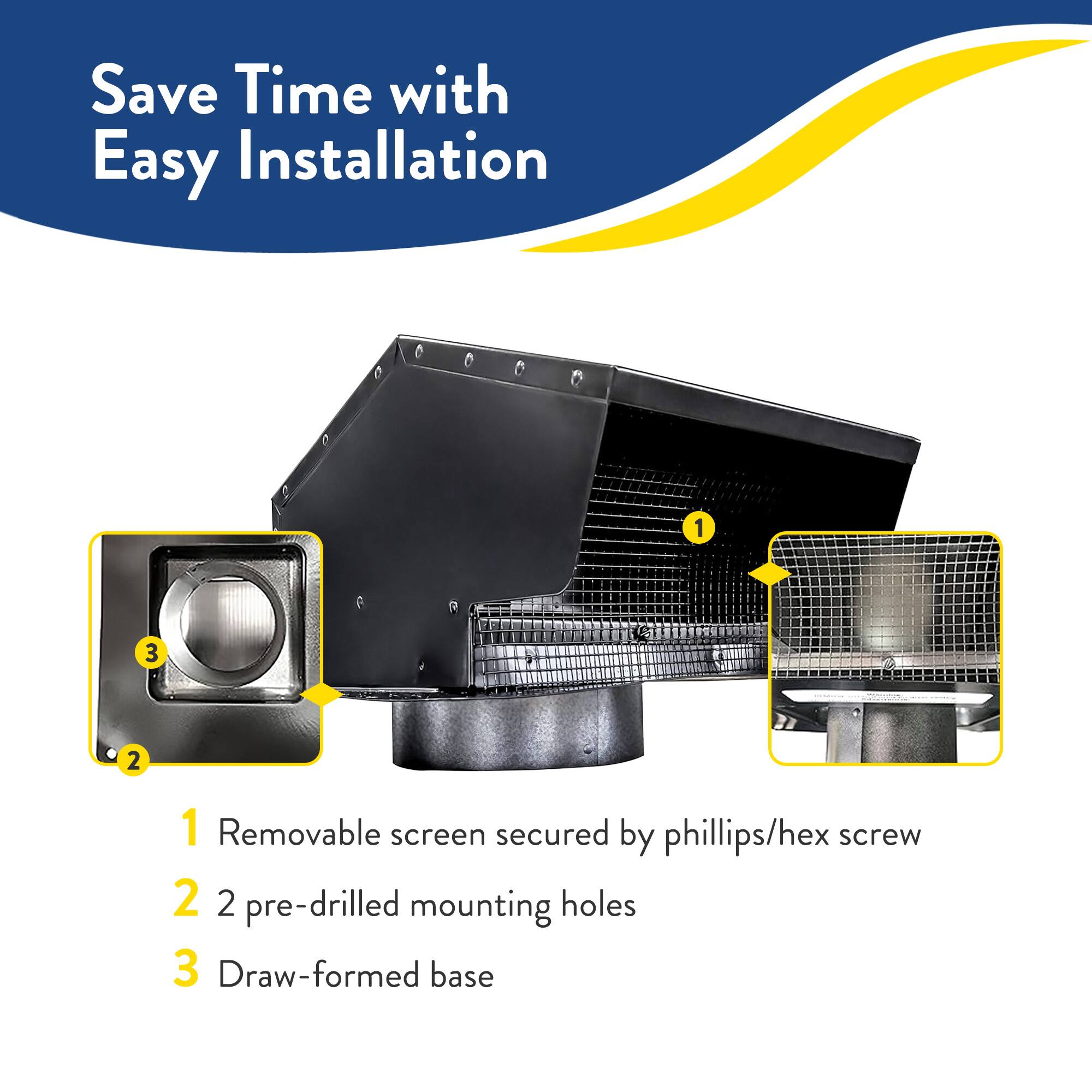 Save Time with Easy Installation

1. Removable screen secured by phillips/hex screw
2. 2 pre-drilled mounting holes
3. Draw-formed base