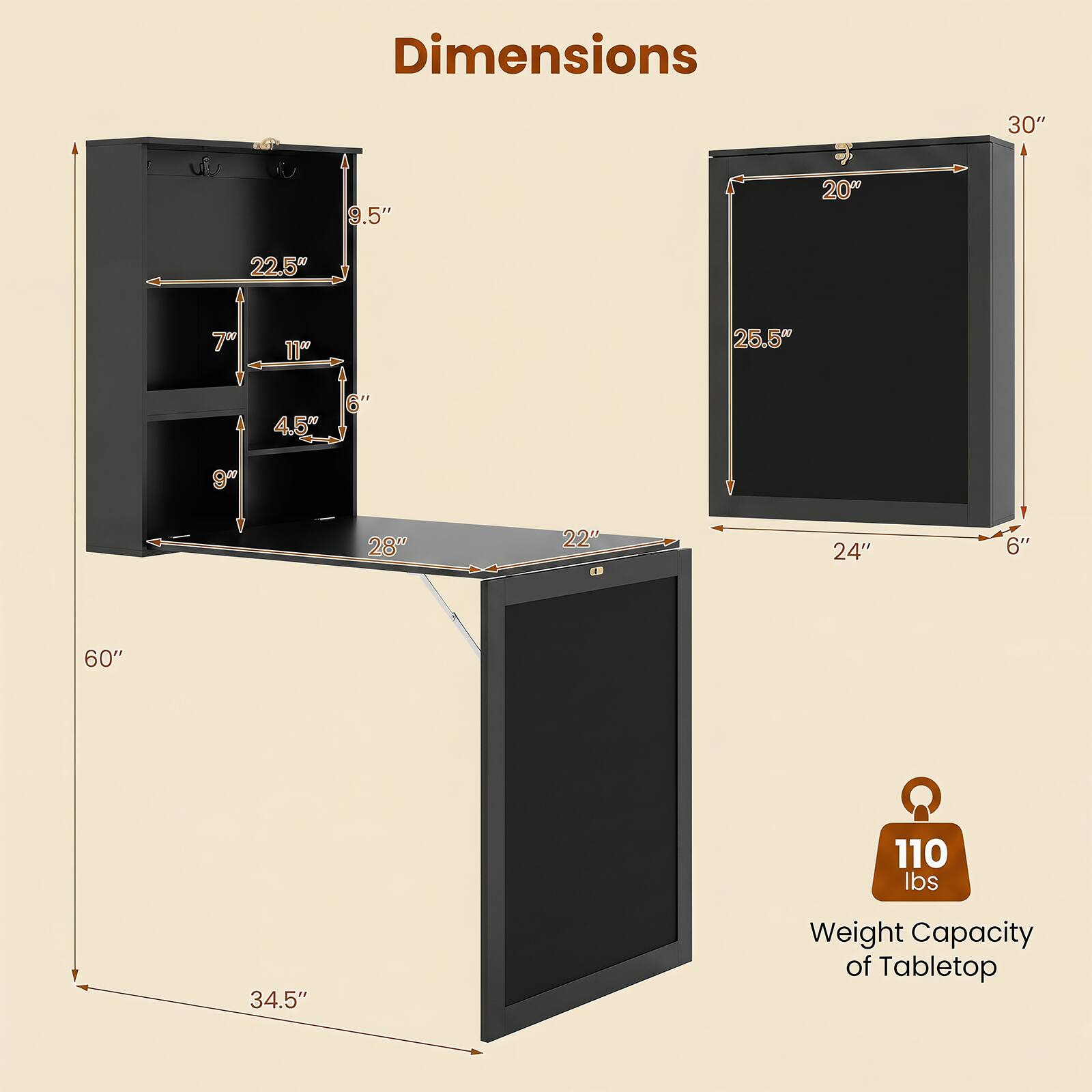 Dimensions:  
- Height: 30"  
- Width: 20"  
- Depth: 25.5"  
- Shelf 1: 9.5" x 11" x 4.5"  
- Shelf 2: 9" x 11" x 6"  
- Shelf 3: 9" x 11" x 6"  
- Tabletop: 60" x 24" x 6"  
- Overall Height: 34.5"  
- Weight Capacity of Tabletop: 110 lbs