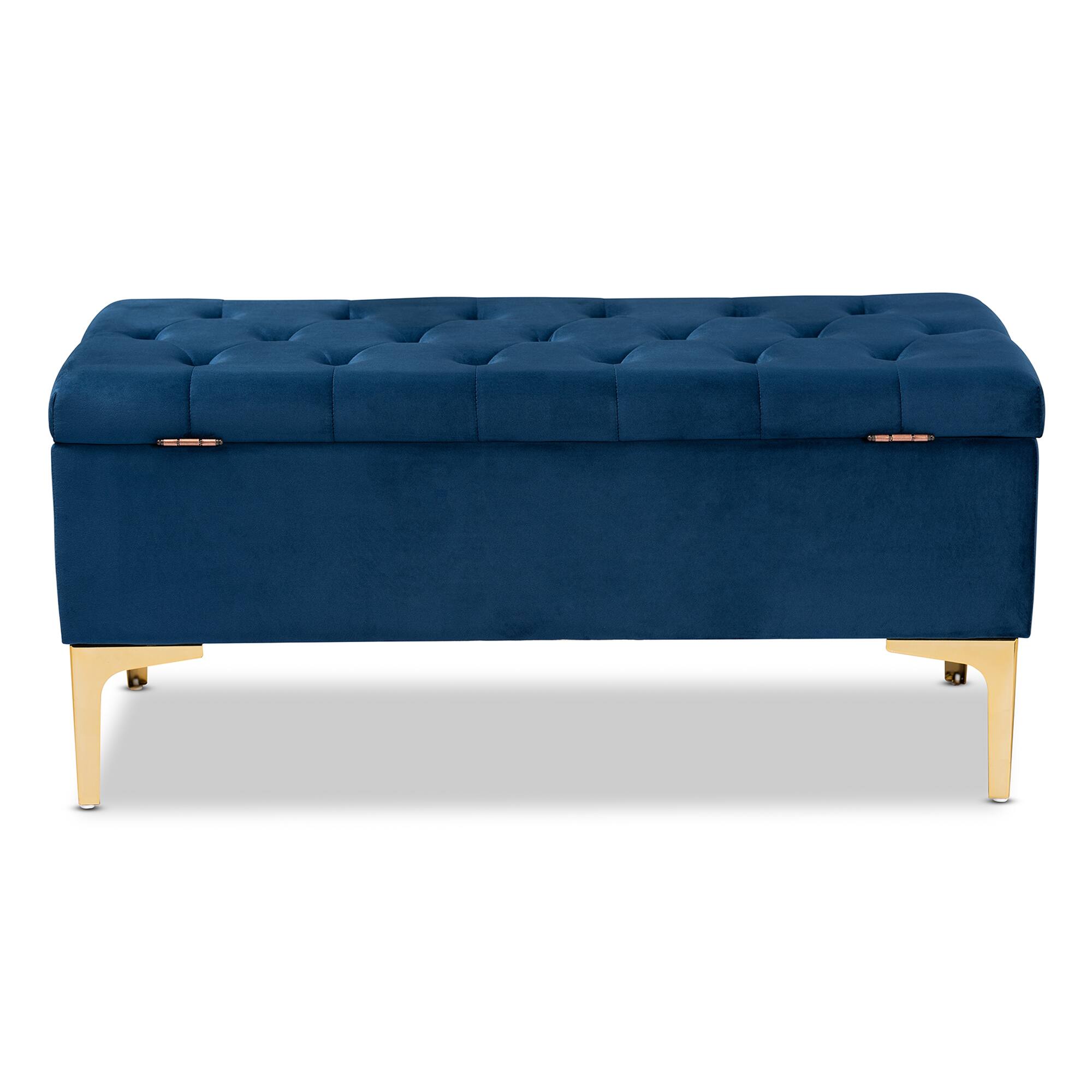 Alt View 1. Baxton Studio - Valere Glam and Luxe Velvet Fabric Upholstered Gold Finished Button Tufted Storage Ottoman - Navy Blue/Gold.