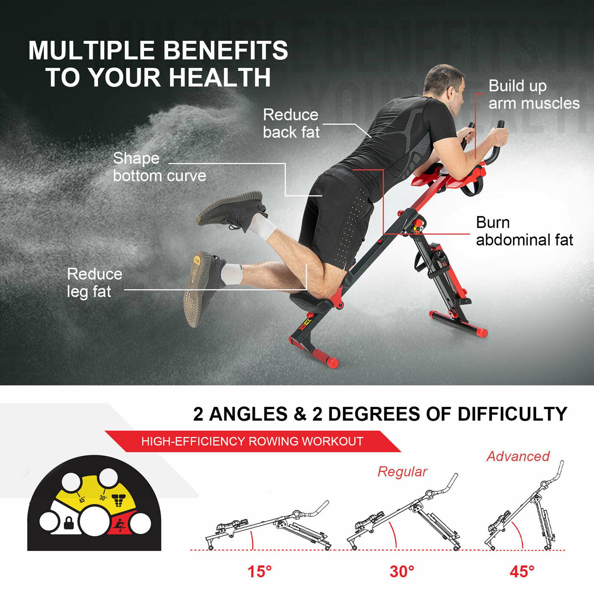 Multiple Benefits to Your Health:

* Build up arm muscles
* Reduce back fat
* Shape bottom curve
* Burn abdominal fat
* Reduce leg fat

2 Angles & 2 Degrees of Difficulty:

* High-efficiency rowing workout
* Regular
* Advanced

15, 30, 45