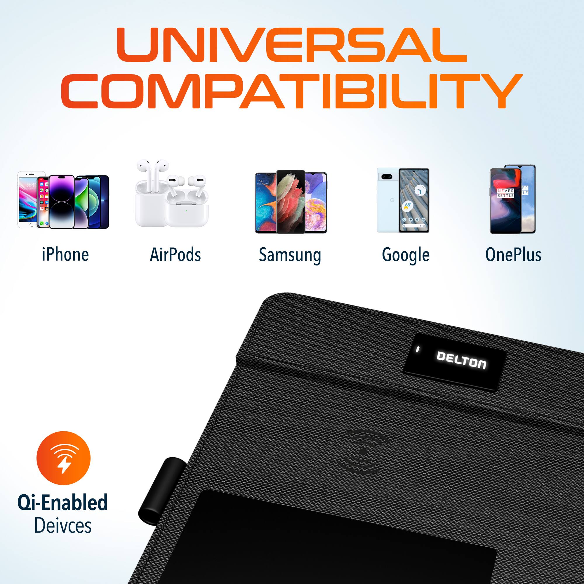 UNIVERSAL COMPATIBILITY iPhone AirPods Samsung Google OnePlus DELTON Qi-Enabled Deivces