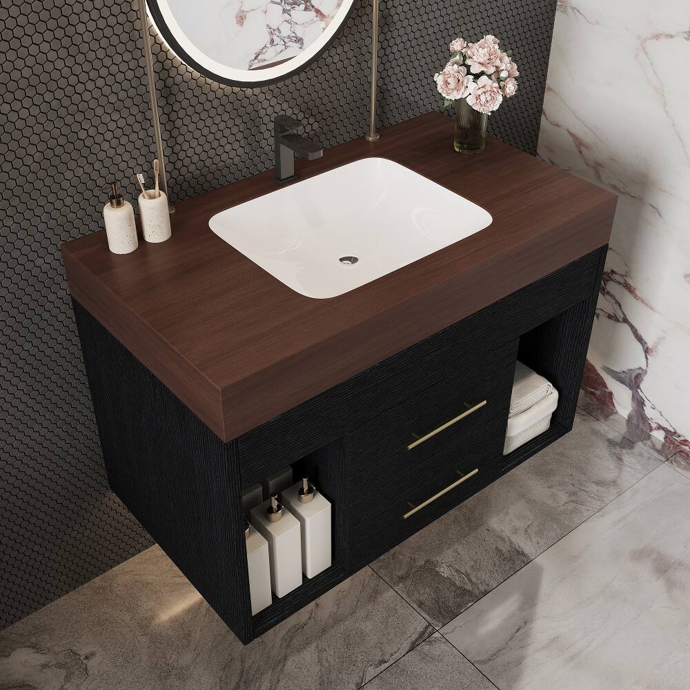 Alt View 1. Loheer - Loheer 29.9 inch floating bathroom vanity Sintered Stone Top Wall Mounted - Black, Walnut.