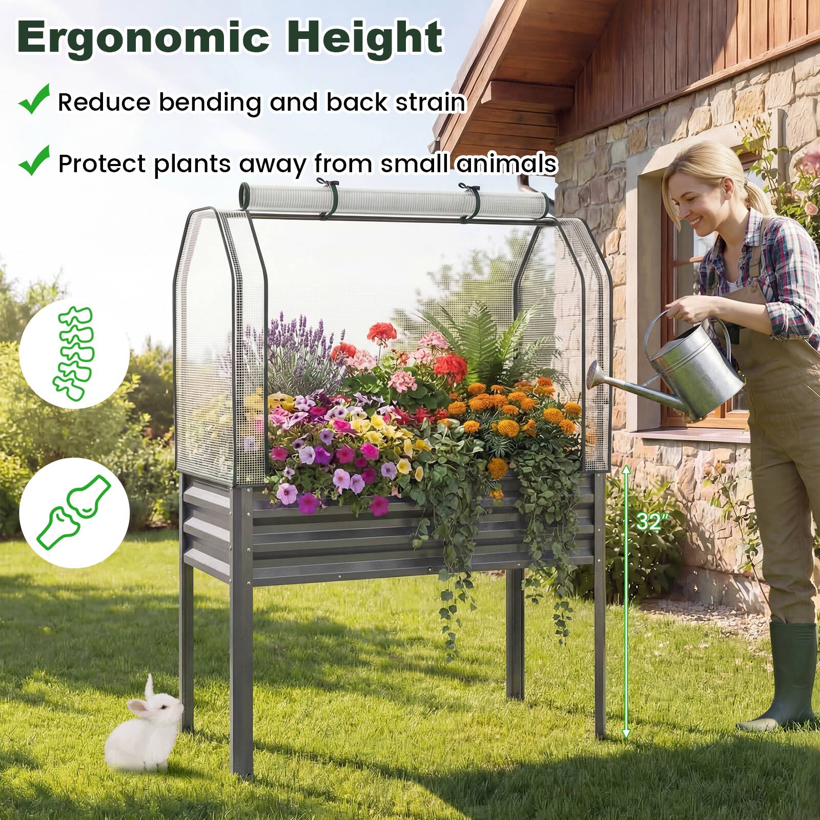 Ergonomic Height  
- Reduce bending and back strain  
- Protect plants away from small animals  

32"