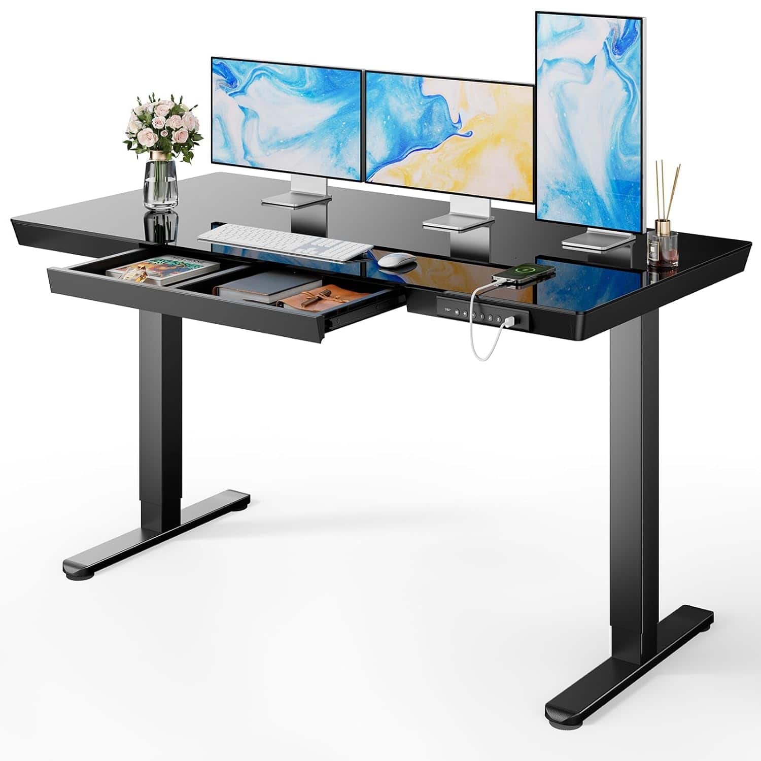 Zell Electronics - 55x28 Inch Glass Electric Standing Desk with Drawer, USB Ports & One-Piece Top - Black