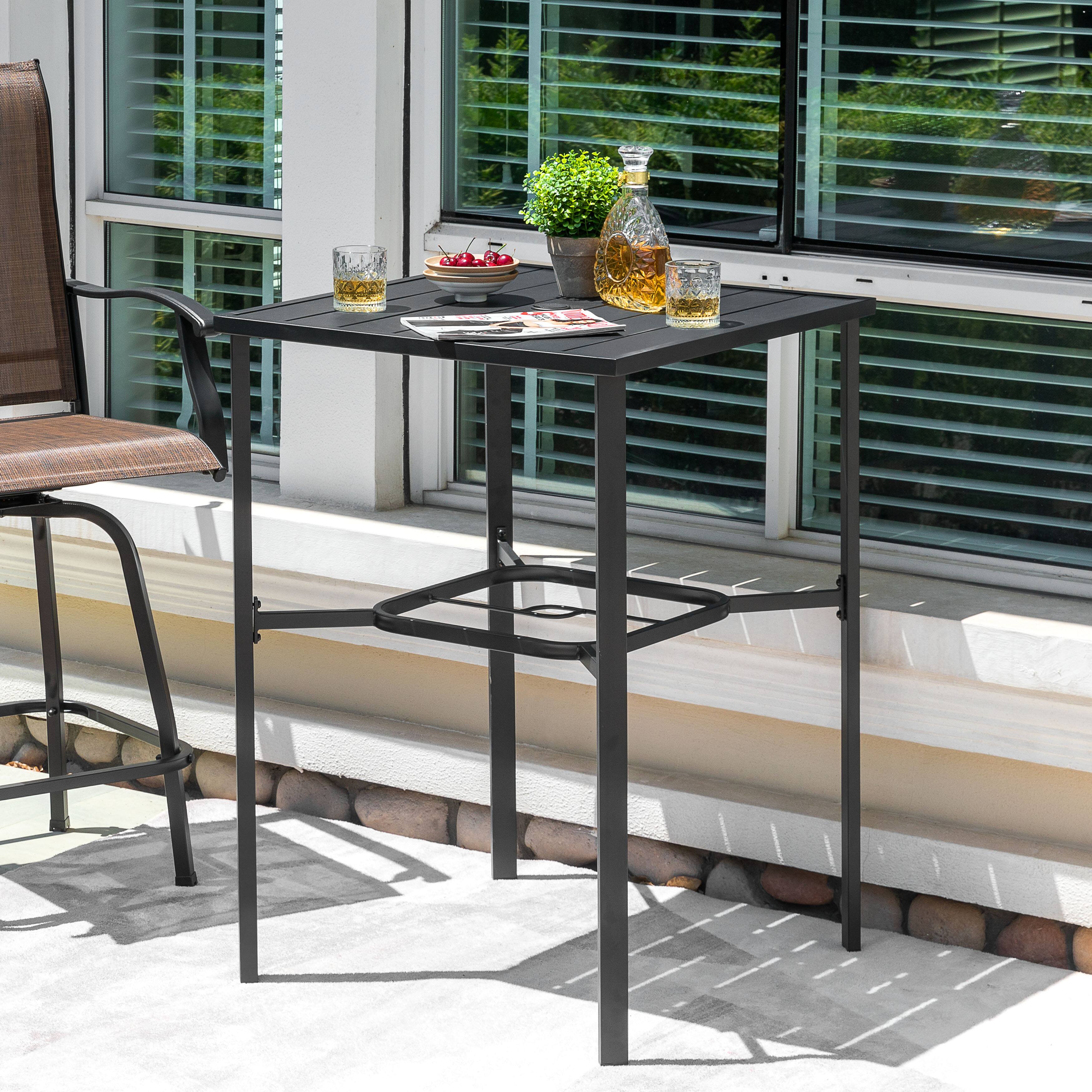 Left. Nuu Garden - Outdoor 28 Inch Square Bar Table with Slatted Top and 1.7” Umbrella Hole - Black.