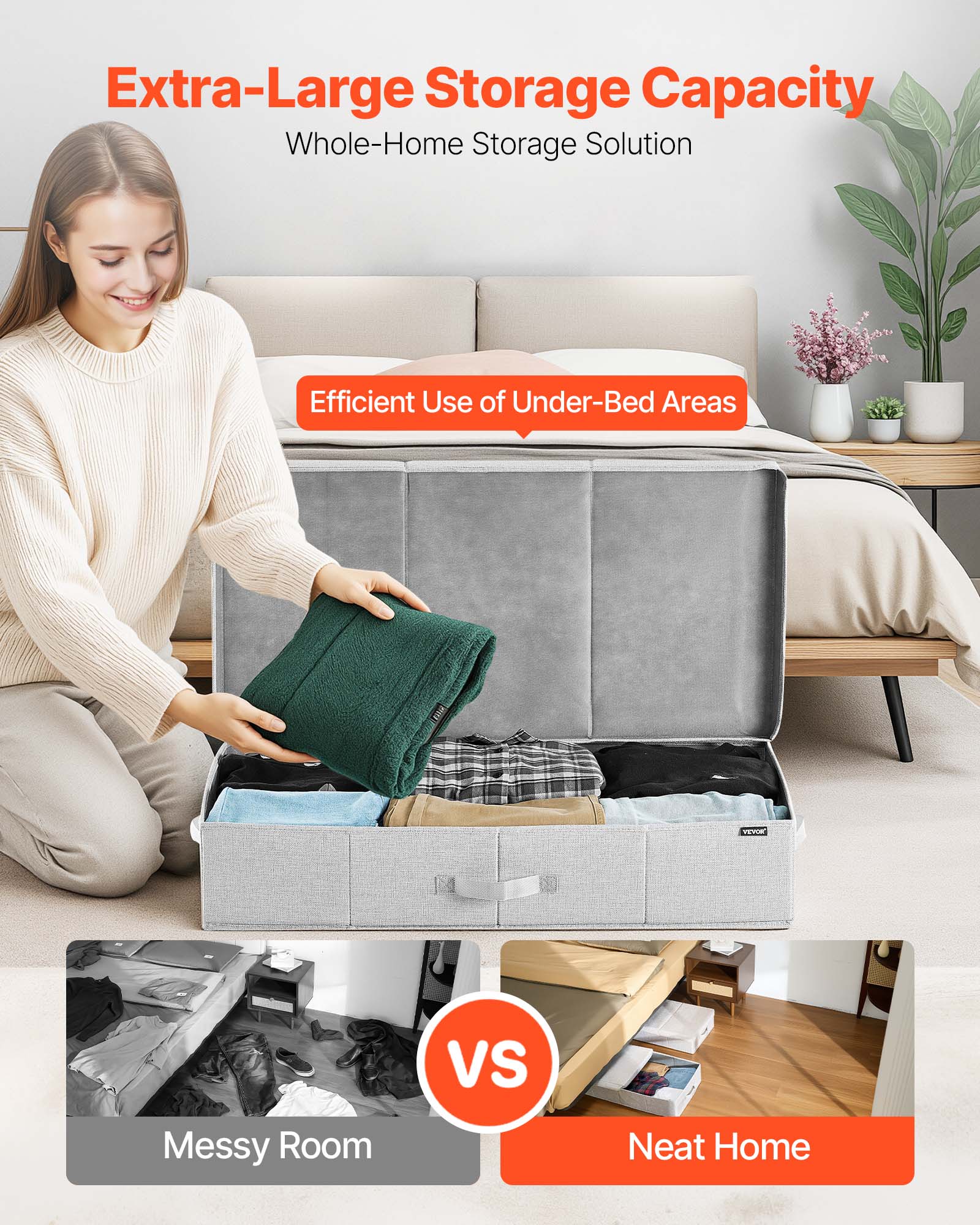 Extra-Large Storage Capacity  
Whole-Home Storage Solution  

Efficient Use of Under-Bed Areas  

Messy Room VS Neat Home