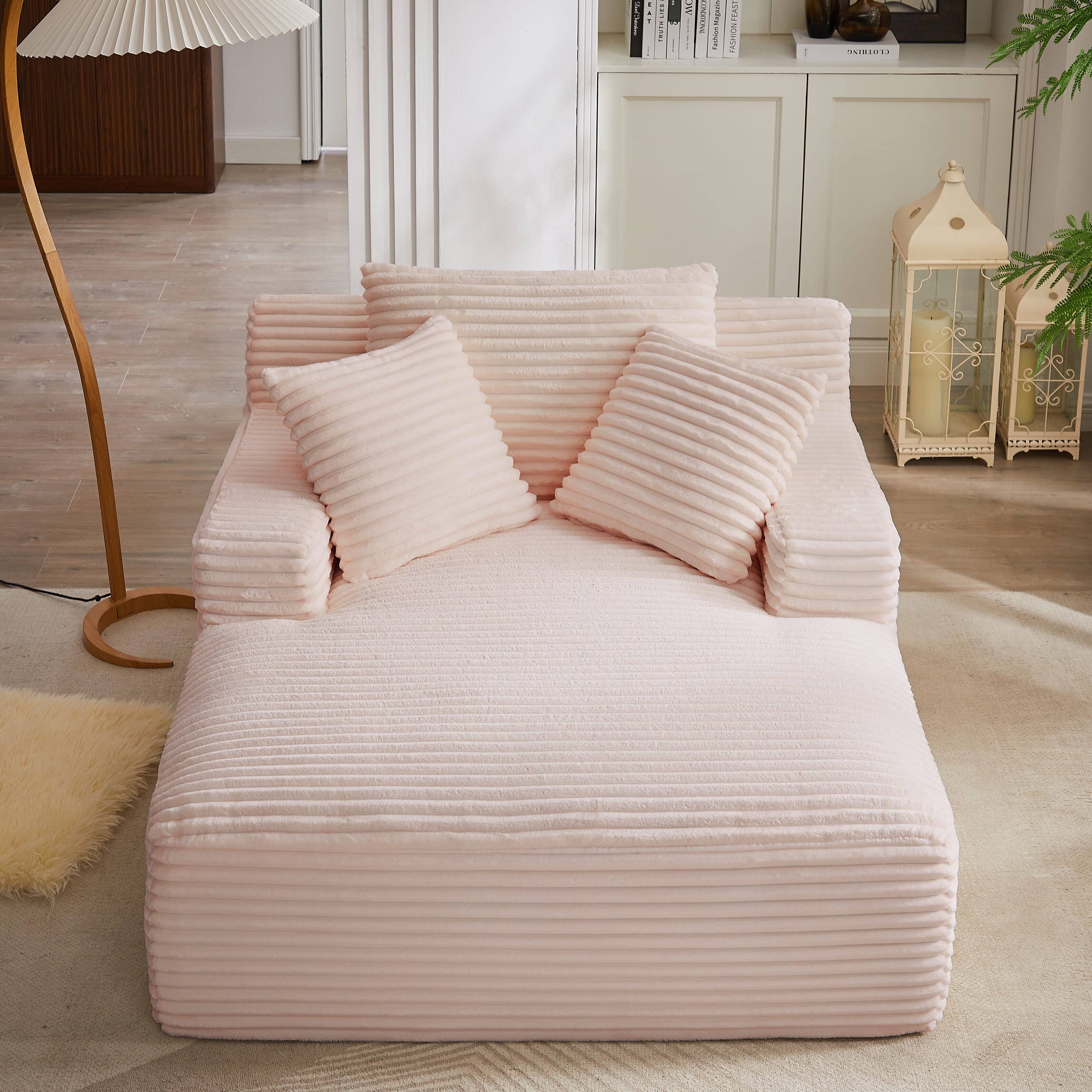 Left. Aukfa - Corduroy Sleeper Sofa & Lounge Chair - No Assembly, Deep Seat, Armrests, 2 Pillows | Upholstered Chaise, Indoor Comfort - Pink.