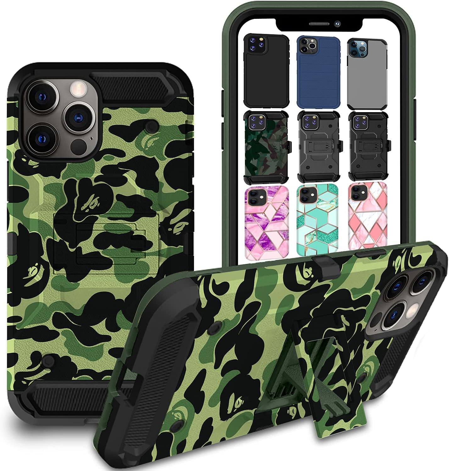 Front. DuraSafe Cases - iPhone 12 PRO Max - 6.7" 3-Layer Rugged Armor Phone Case with Kickstand - Military Moss(Without Holster).